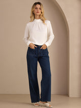 [White] SilkSilky Long Sleeve Stand Collar Women's Blouse 007