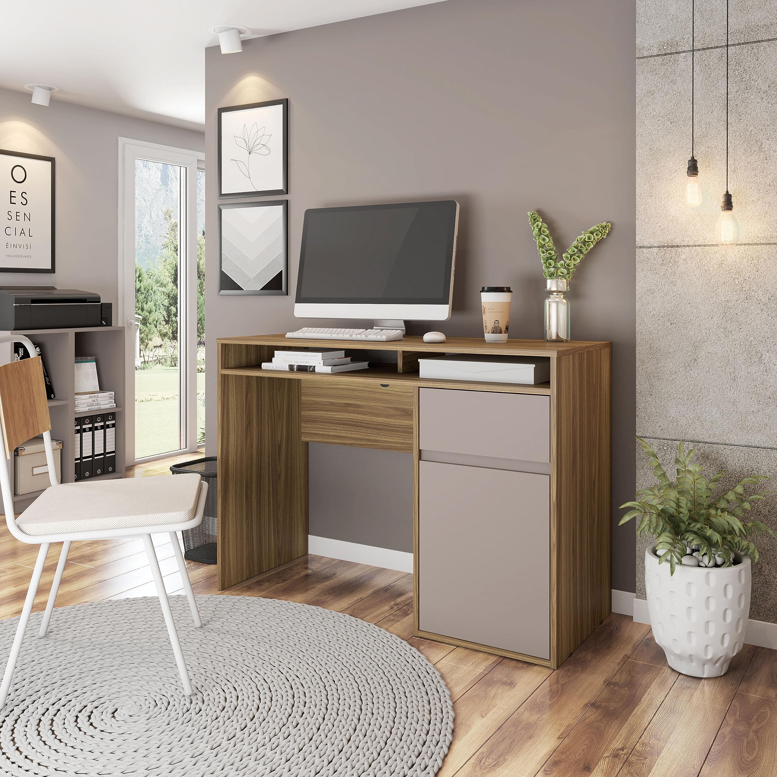 Techni Mobili Home Office Workstation with Storage Computer Desk, Walnut