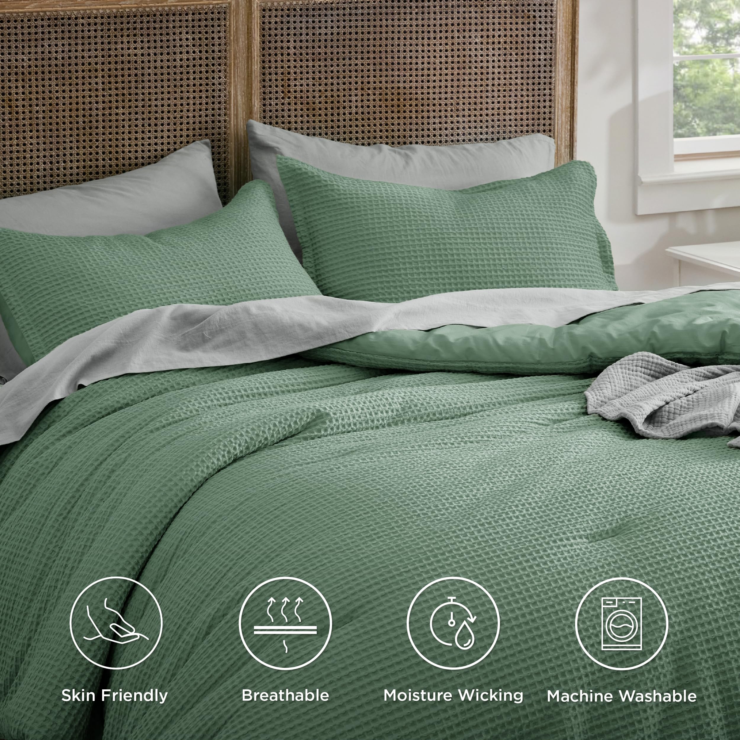 Bedsure Waffle Comforter Set King, Green Soft Cotton Bedding Set For All Seasons, Waffle Weave Bed Set, 3 Pieces, 1 Comforter (104'X90') And 2 Pillow Shams, Premium Cotton Cover With Polyester Fill