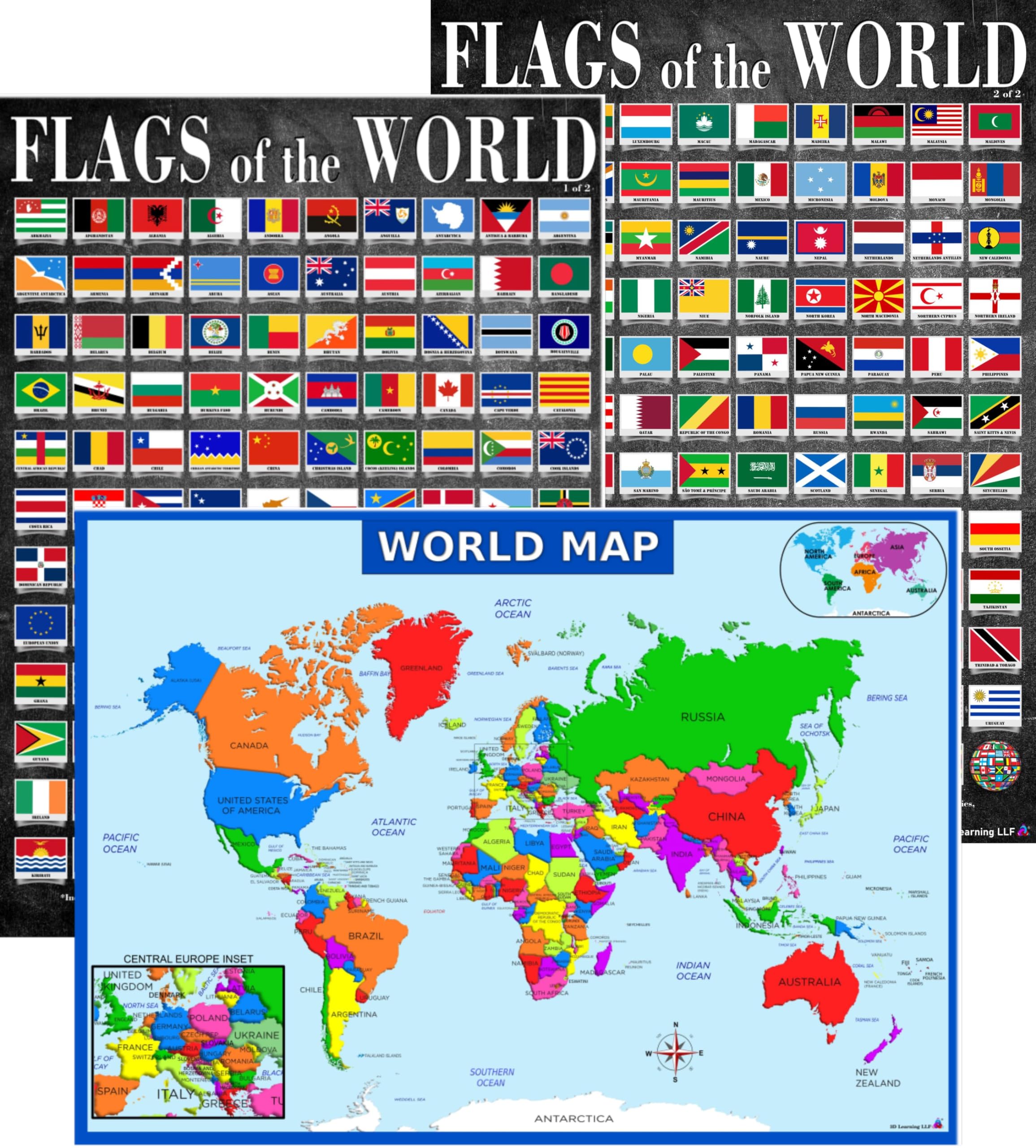 World Map And Flags Posters- Laminated 14X19.5    Educational Charts - Flags Of Countries And Nations, Map For Classrooms, Homes