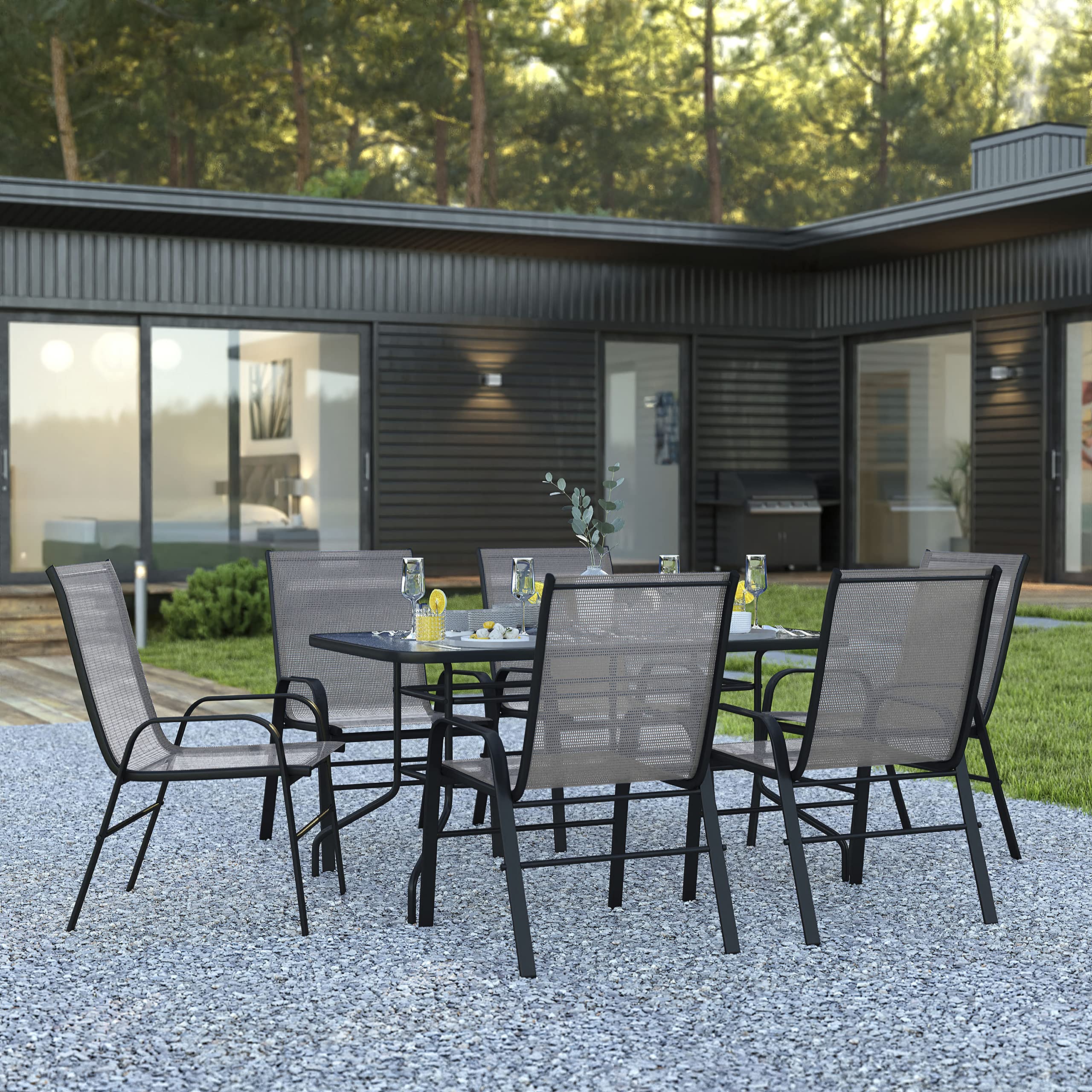 EMMA + OLIVER Seven Piece Indoor/Outdoor Dining Set - Metal Table with Tempered Glass Top - Six Gray Flex Comfort Chairs- Umbrel