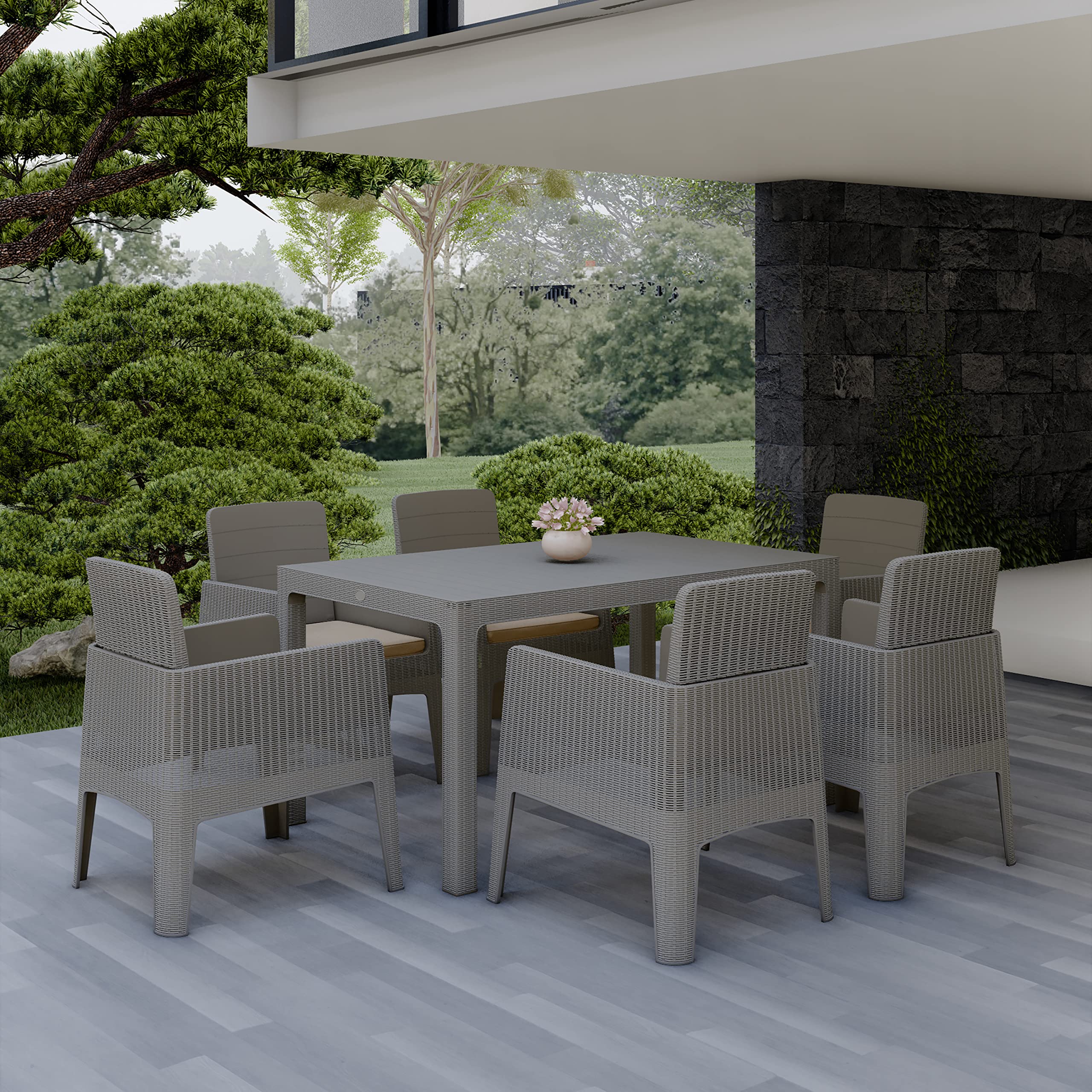 Dukap Lucca 7 Piece Patio Dining Set With Umbrella Hole, Outdoor Conversation Seats With All Weather Faux Rattan And Water Resistance | Grey
