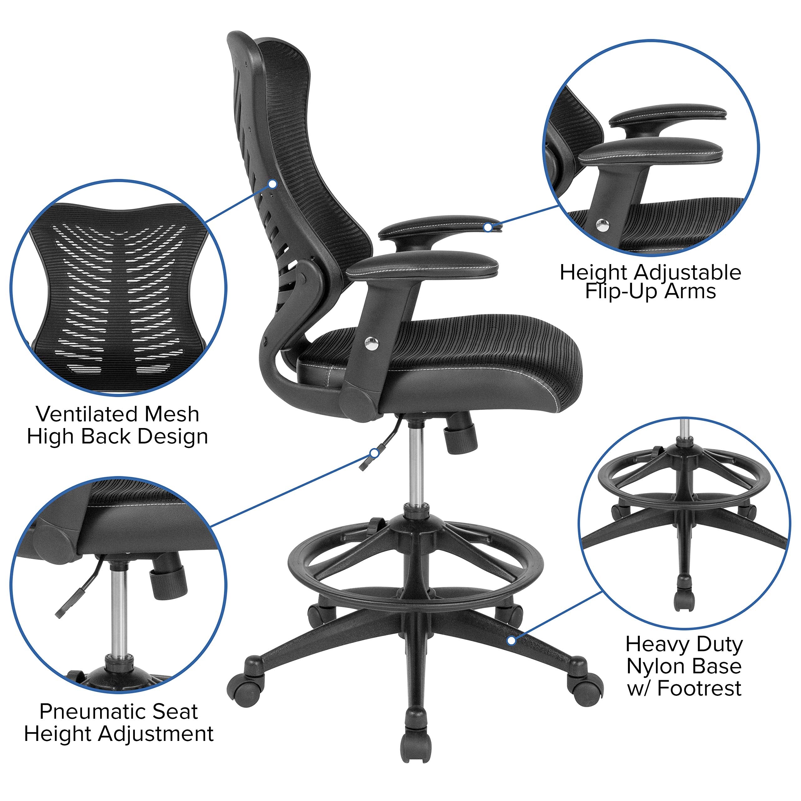 Flash Furniture Waylon High Back Designer Black Mesh Drafting Chair With Leathersoft Sides And Adjustable Arms