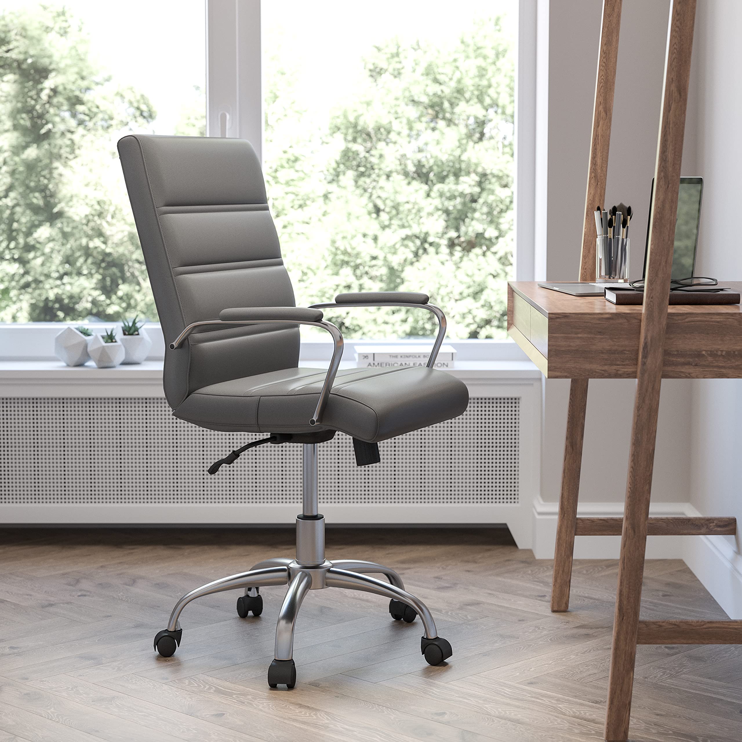 Flash Furniture Whitney Mid-Back Swivel LeatherSoft Desk Chair with Padded Seat and Armrests, Adjustable Height Padded Office Chair, Gray/Chrome