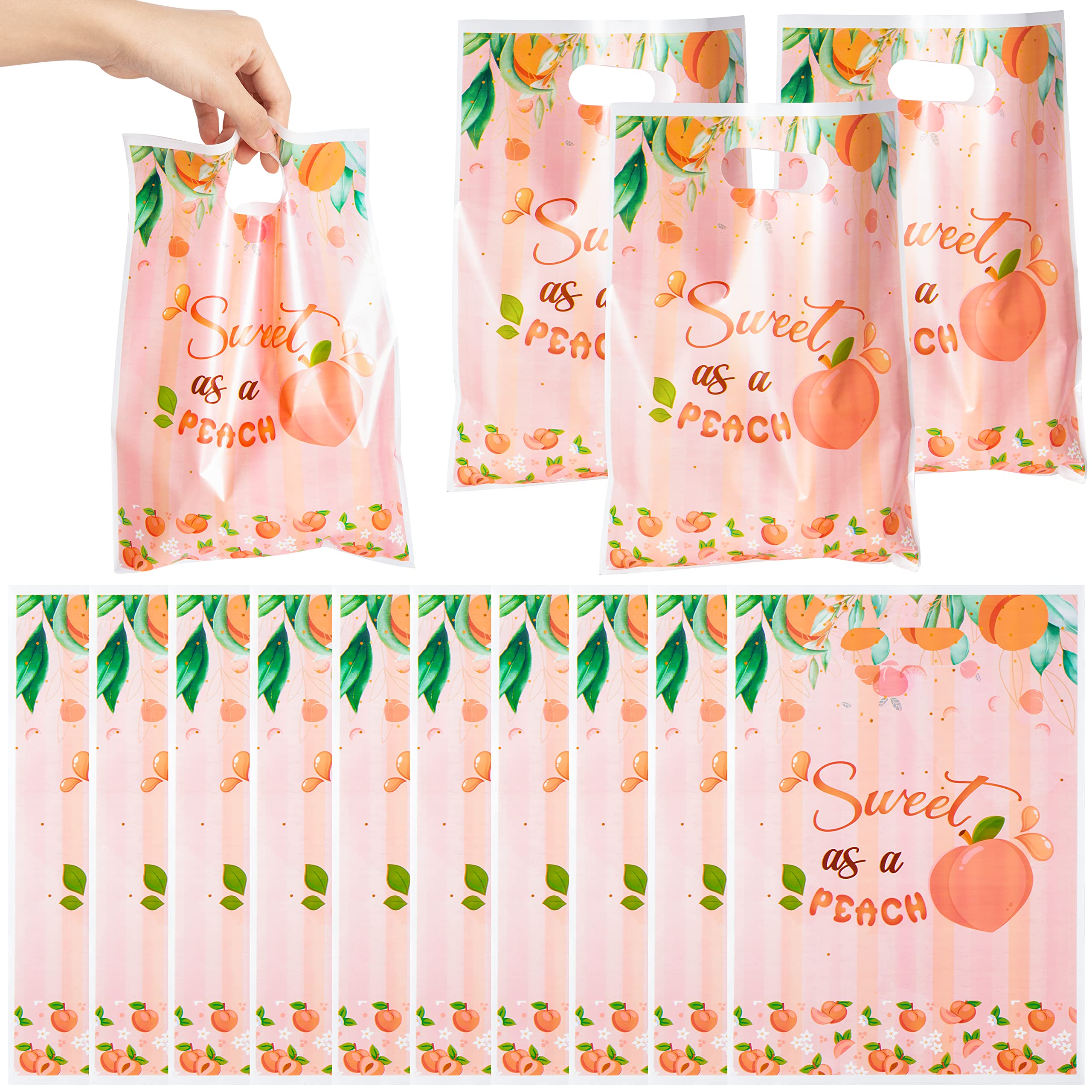 Haooryx 50pcs Sweet As a Peach Party Favor Bags, Plastic Goodie Candy Bag Gift Wrapping Bags Birthday Gift Accessories Treat Bag