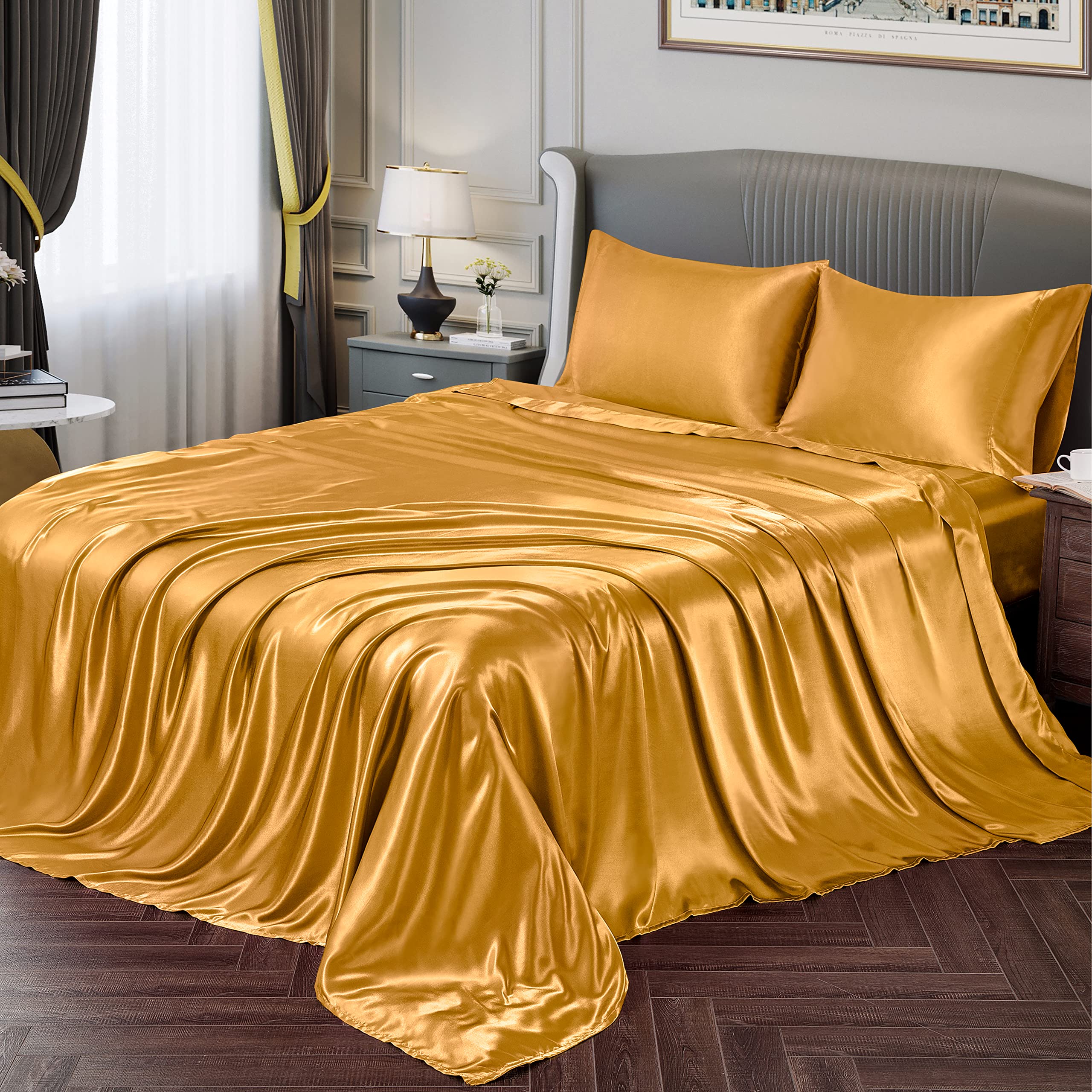 Vonty Satin Sheets Full Silky Soft Satin Bed Sheets Yellow Gold Satin Sheet Set, 1 Deep Pocket Fitted Sheet + 1 Flat Sheet + 2 P