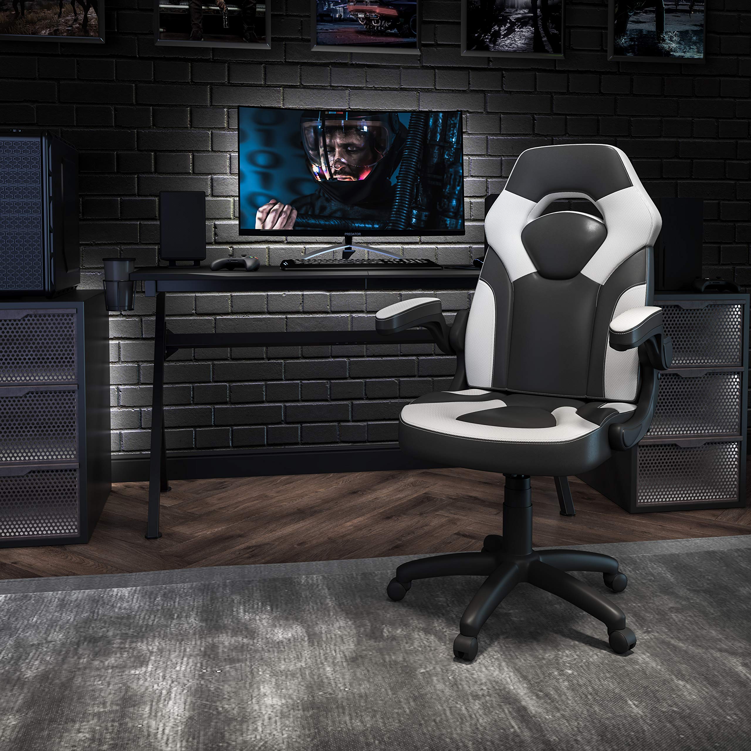 Flash Furniture X10 High-Back Leathersoft Racing Style Gaming Chair With Flip-Up Arms, Ergonomic Padded Swivel Computer Chair, White/Black