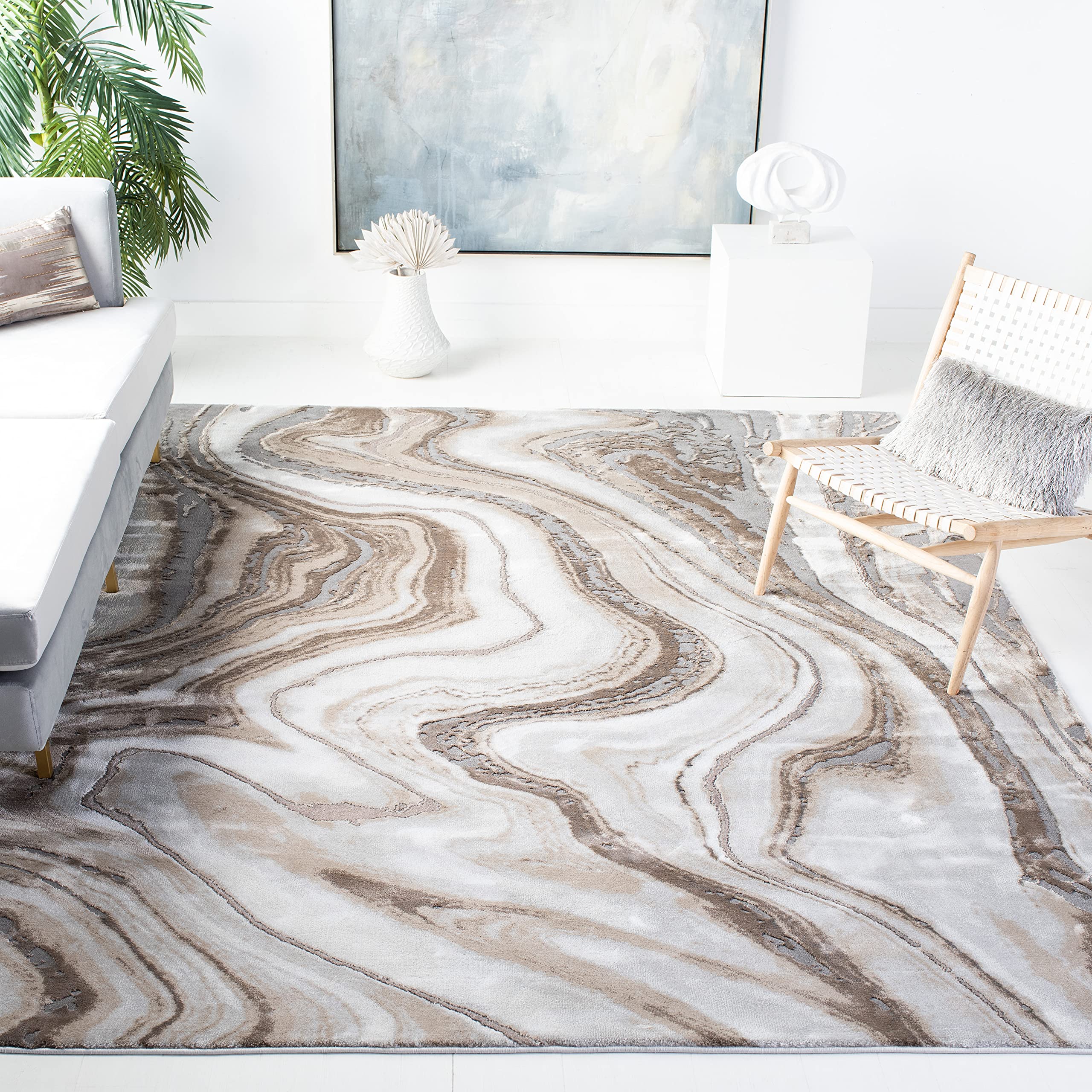 SAFAVIEH Craft Collection 8 Square Gold/Grey CFT819D Modern Abstract Marble Pattern Non-Shedding Area Rug