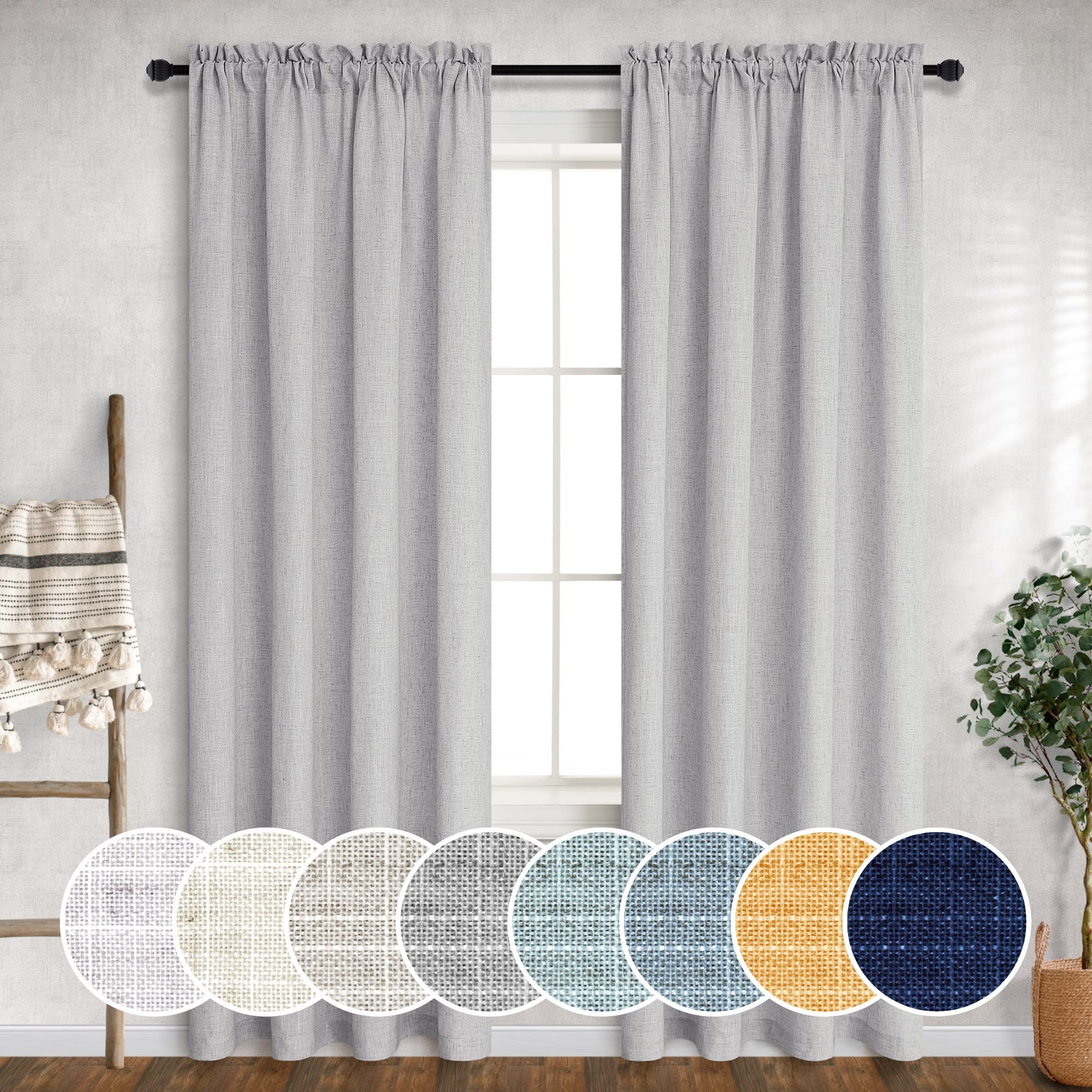 Mrs.Naturall Grey Curtains 90 Inches Long For Living Room 2 Panels Set Rod Pocket Draperies Flax Linen Blend Light Filter Semi Sheer Light Gray Curtain For Bedroom Closet Door Home Office 52X90 Length