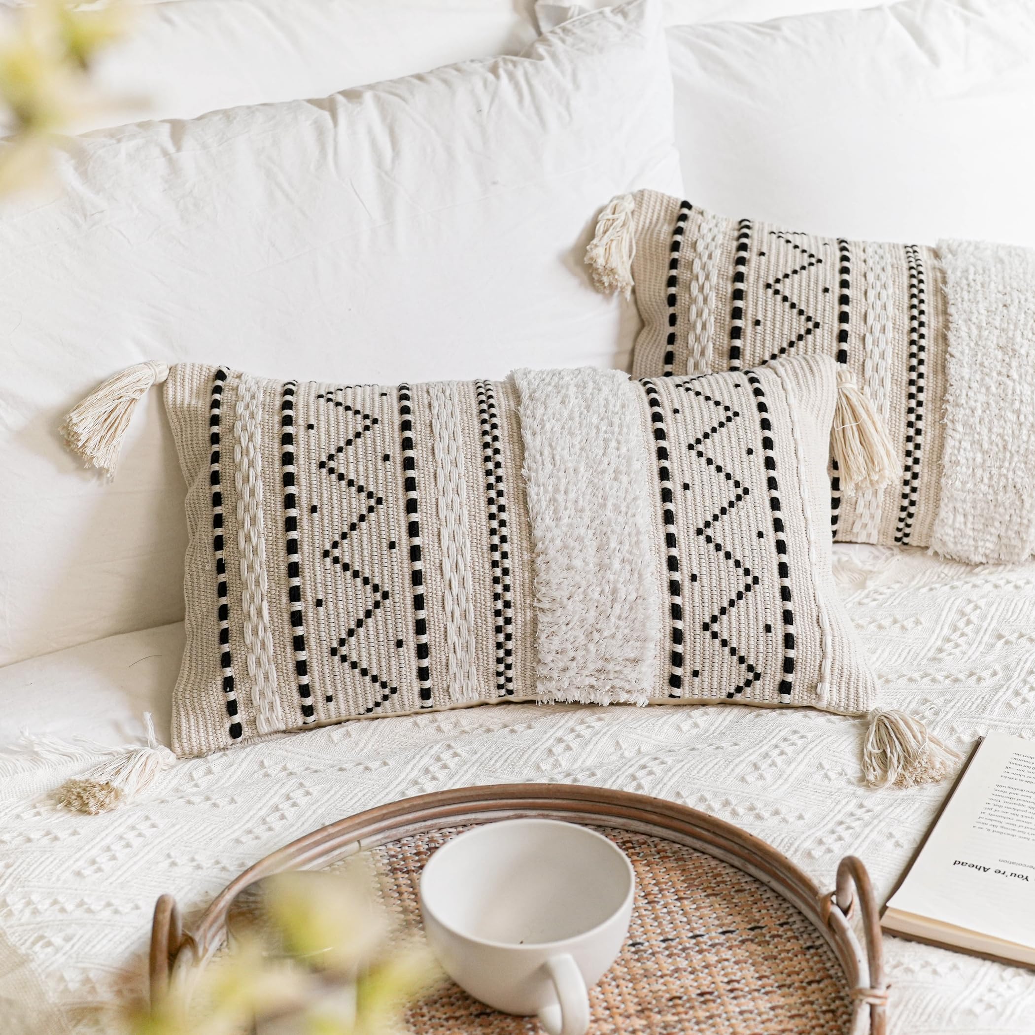 Blissblush Decorative Lumbar Throw Pillow Cover 12X20 Combo Set Of 2 Rectangular Boho Accent Pillowcase Black Neutral Farmhouse
