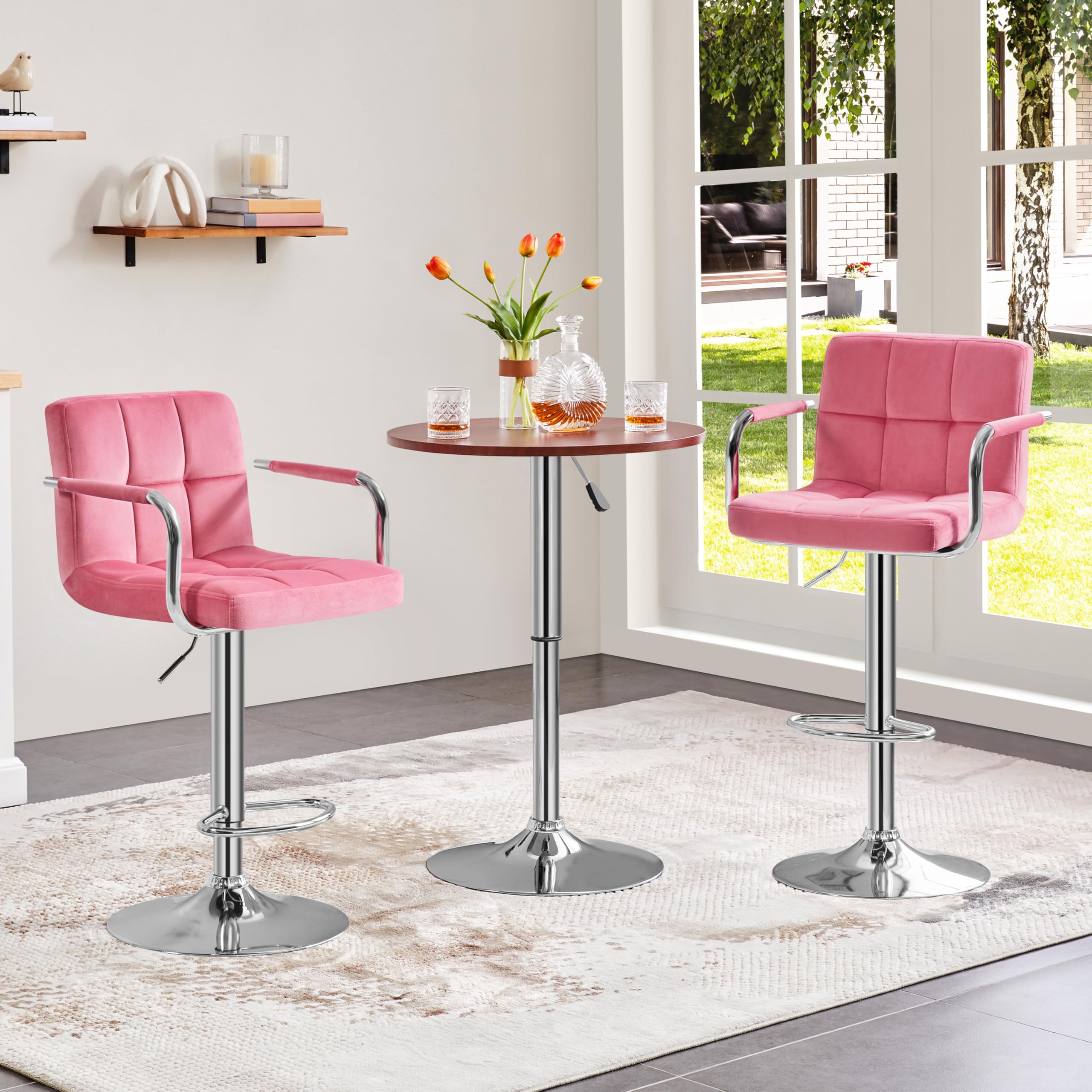 Yaheetech Counter Height Bar Stools Set Of 2 Velvet Swivel Barstools For Kitchen Stool Height Adjustable Counter Stool Barstools With Armrest, Velvet, Pink