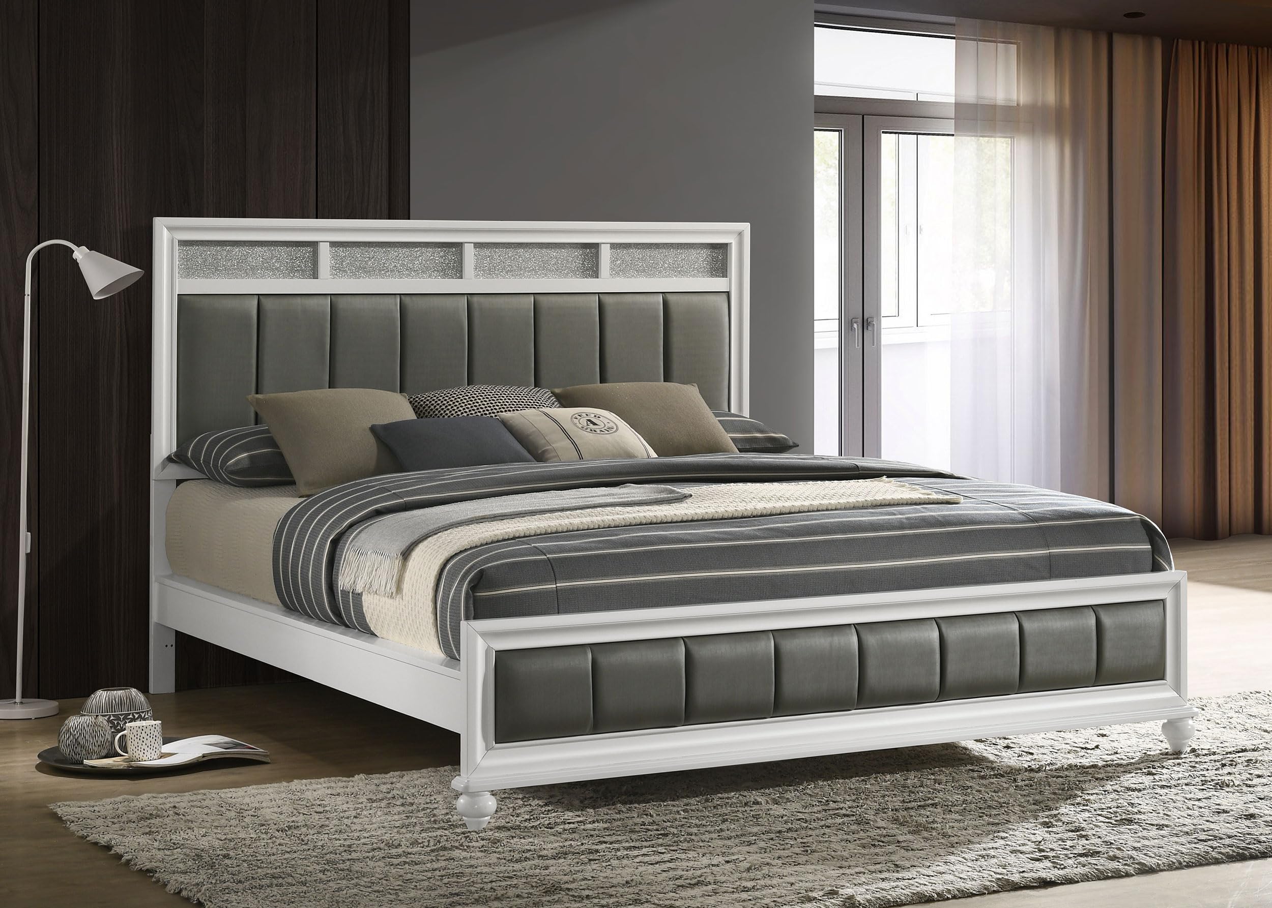 Coaster Home Furnishings Barzini Modern Classic Leatherette Upholstered California King Size Panel Bed Frame 56-inch Headboard White 205891KW