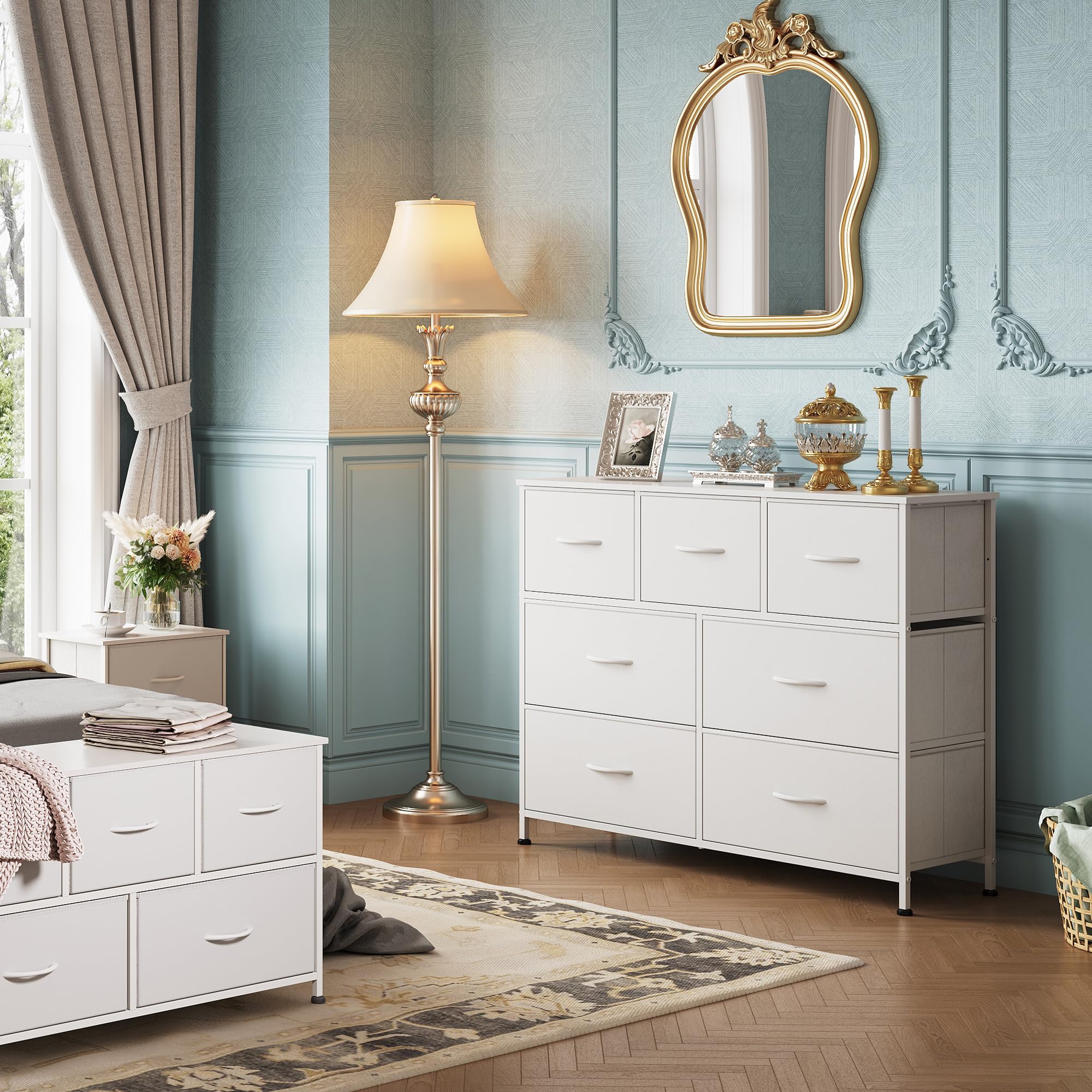 Wlive Dresser With 7 Drawers, Dressers For Bedroom, Fabric Storage Tower, Hallway, Entryway, Closets, Sturdy Steel Frame, Wood Top, Easy Pull Handle, White