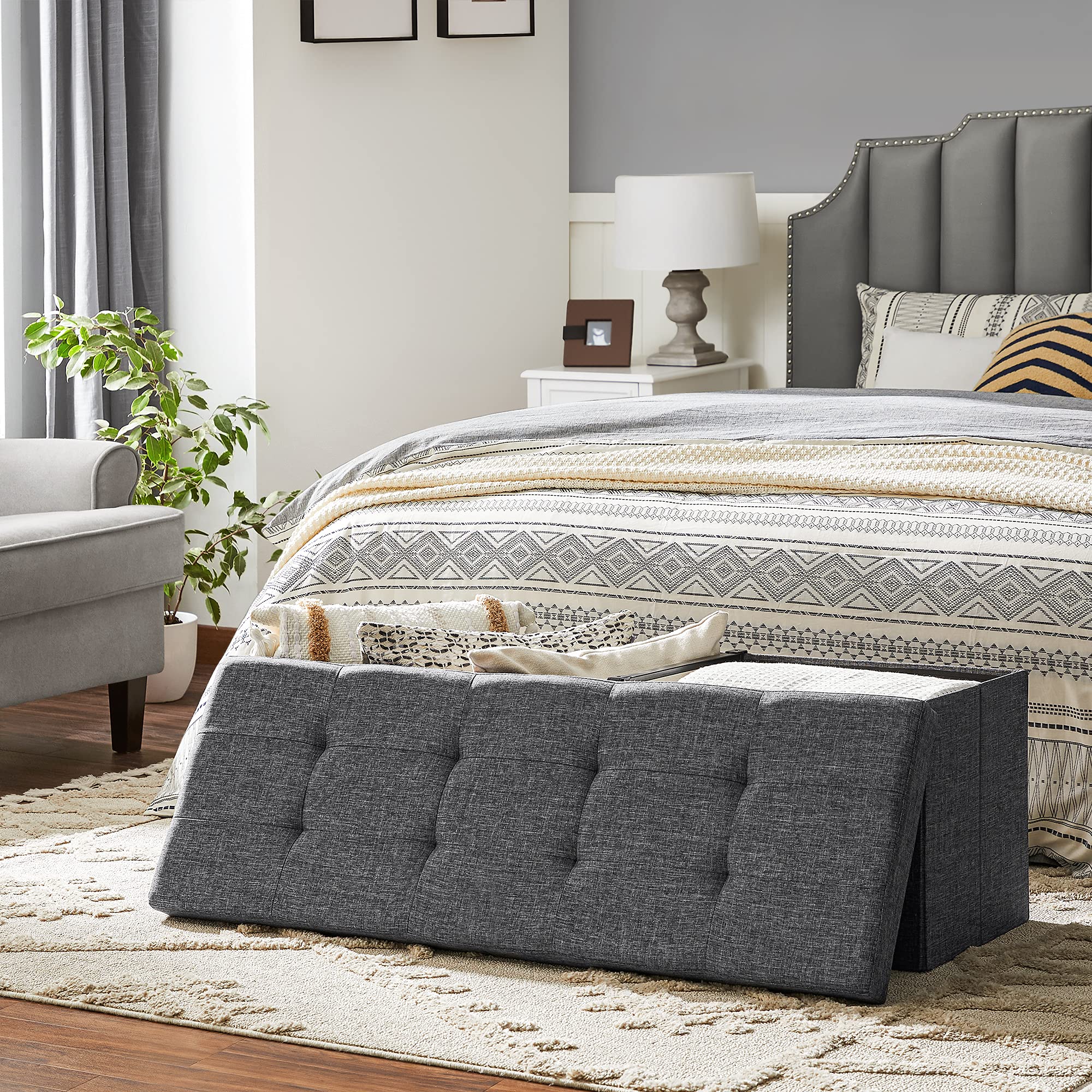 Songmics Mazie Collection - 43 Inches Storage Ottoman, Foldable Storage Bench With Flipping Lid, 660 Lb Load Capacity, For Entryway, Living Room, Bedroom, Dark Gray Ulsf76Gyz