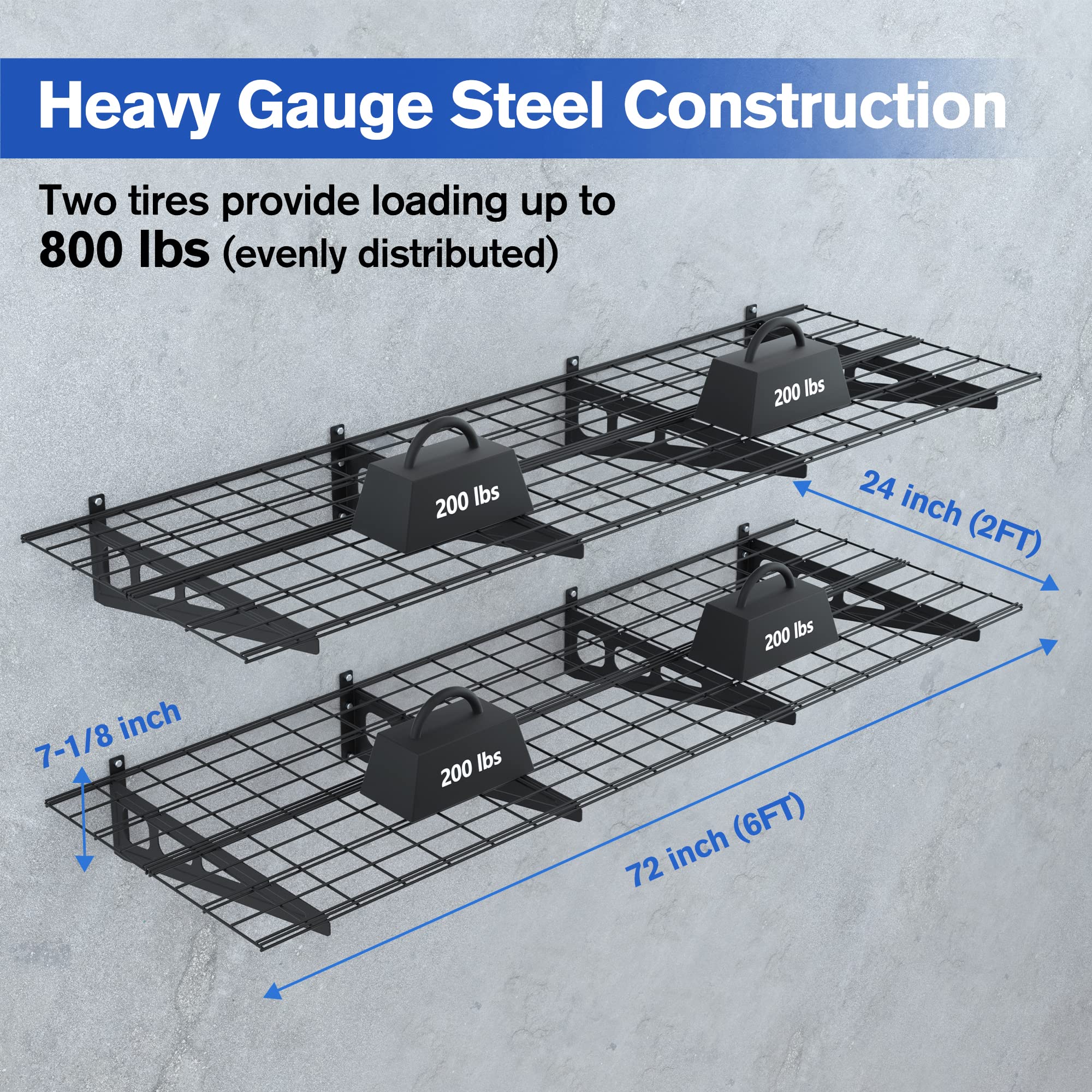 Workpro 2-Pack 2X6Ft Garage Wall Shelving, 72” X 24” Heavy Duty Wall Mounted Shelving, 800Lbs Load Capacity (Total), Metal Wall Shelves Suitable For Shop, Shed, Garage Storage, Black, 1 Sets