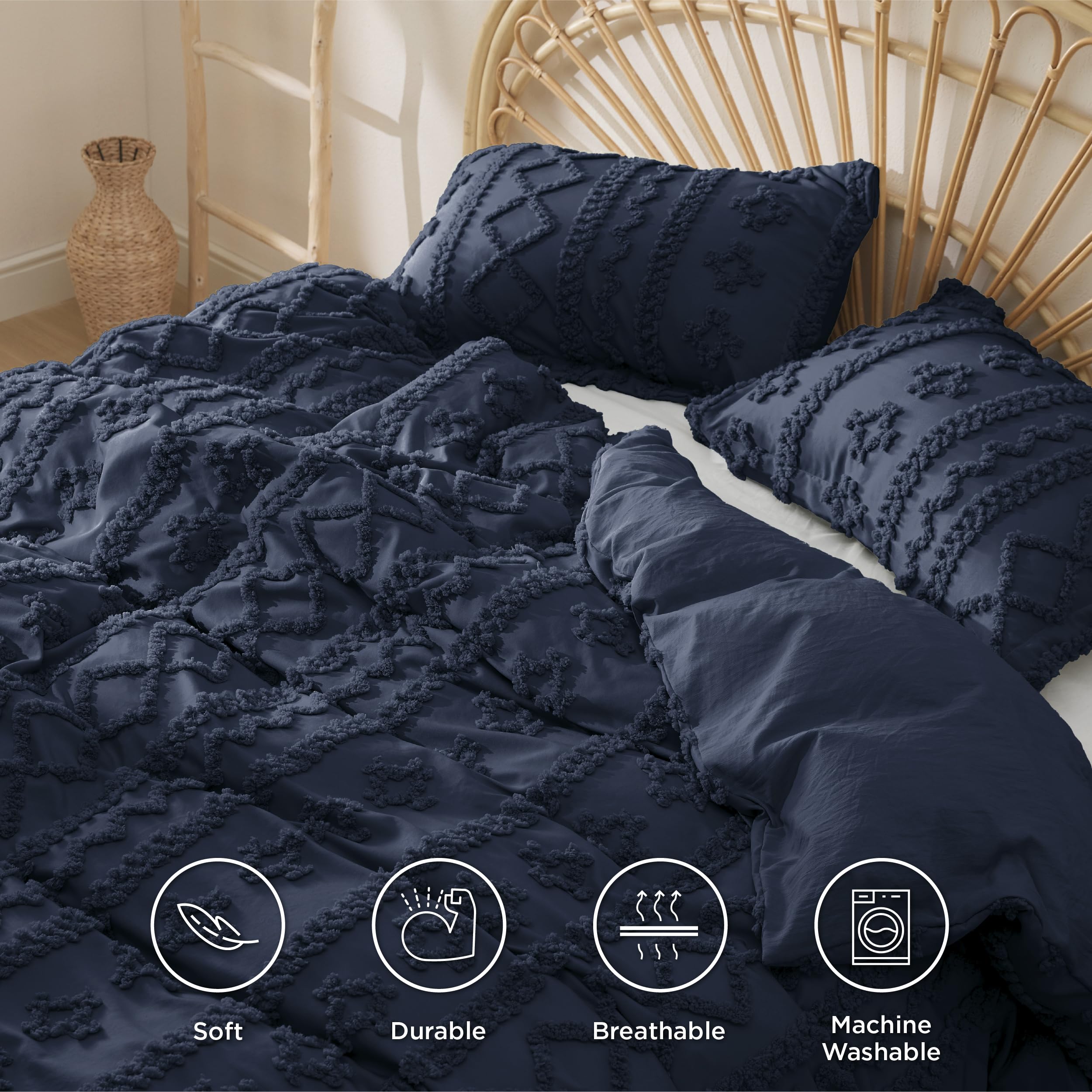 Bedsure Boho Duvet Cover Queen Size - Tufted Duvet Cover Queen Set For All Seasons, 3 Pieces Soft Shabby Chic Embroidery Boho Bedding, Comforter Not Included (Navy, 90' X 90')
