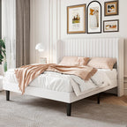 Sha Cerlin Full Size Velvet Bed Frame With Vertical Channel Tufted Wingback Headboard, Upholstered Platform Bed With Wood Slats, No Box Spring Needed, Easy Assembly, White