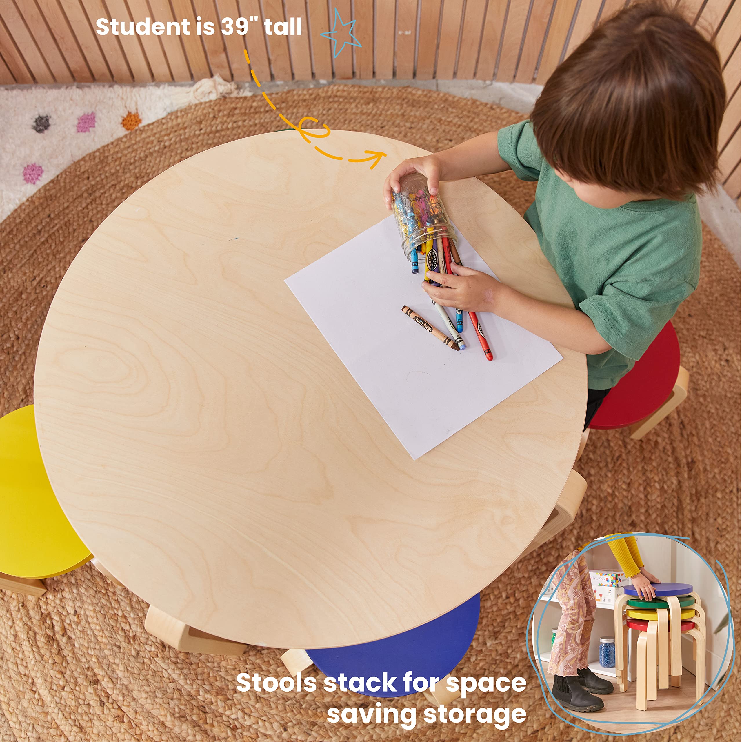 ECR4Kids 5-Piece Assorted Bentwood Round Table and Stool Set - Kids Furniture for Playrooms and Classrooms
