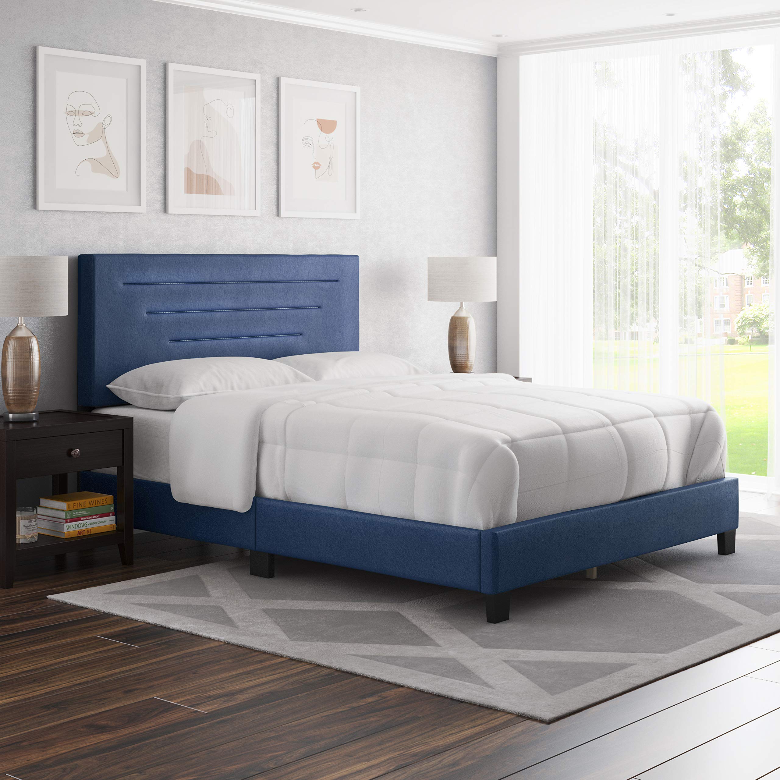 Boyd Sleep Luxenbourg Upholstered Platform Bed with Headboard and Durable Mattress Foundation with Strong Wood Slat Supports, Box Spring Required: Queen, Blue