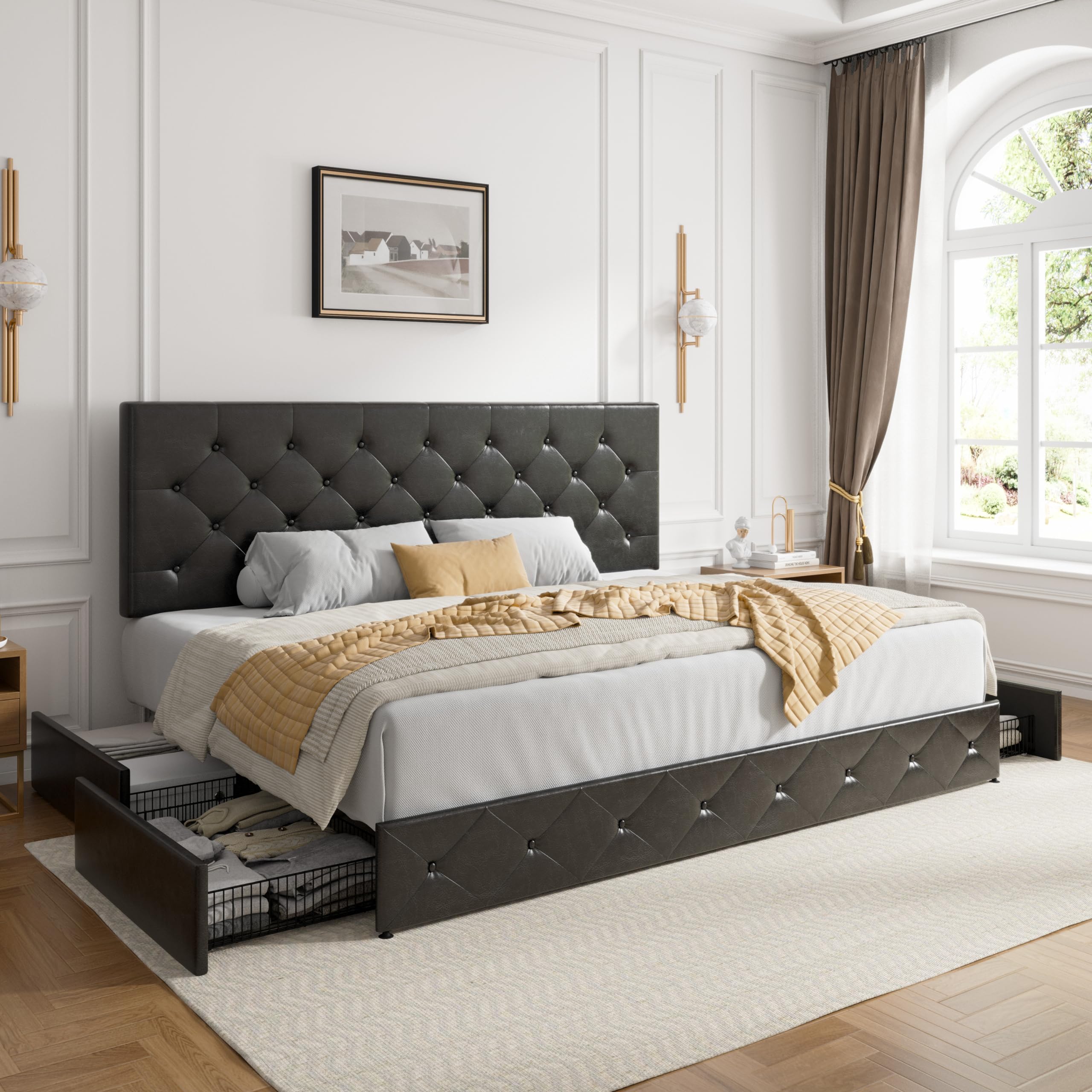 SHA CERLIN Upholstered King Platform Storage Bed Frame with 4 Drawers, Adjustable Headboard with Faux Leather Diamond Button Tuf