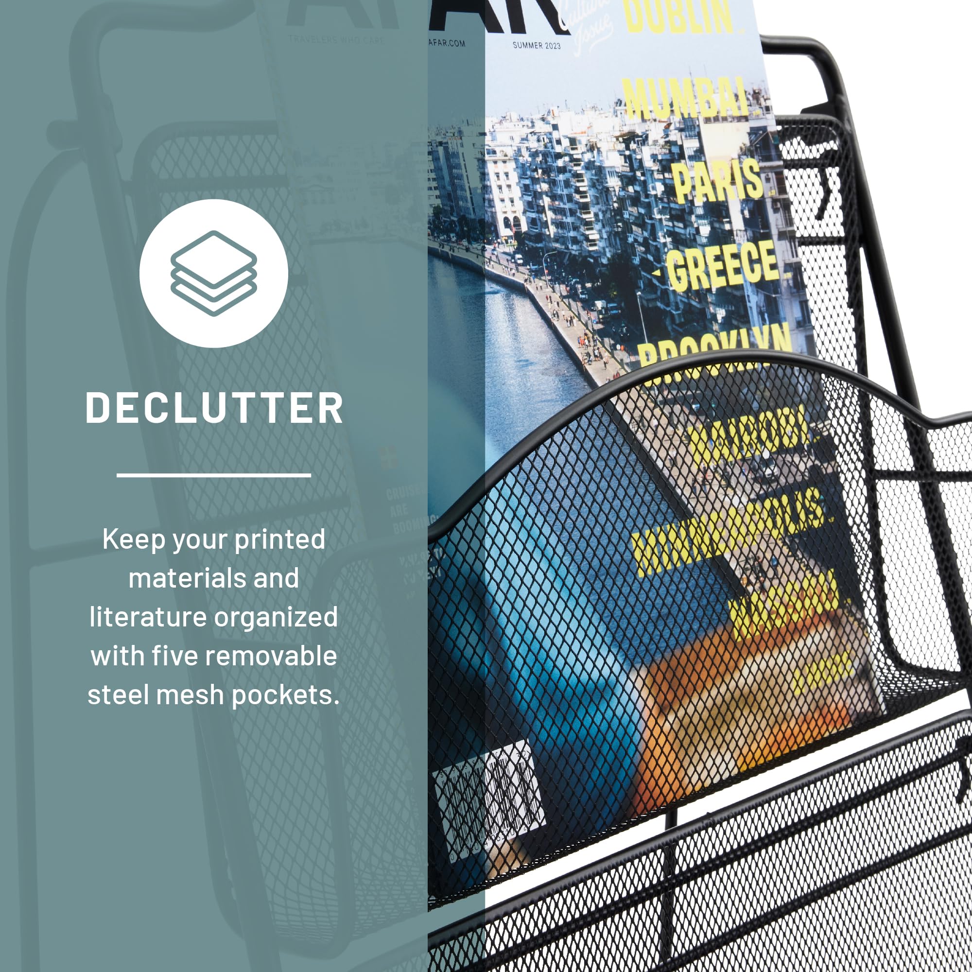 Safco Onyx Mesh Magazine Holder, Ladder Style Display Rack with 5 Pockets, Brochure Organizer, Commercial-Grade Steel Construction, Black