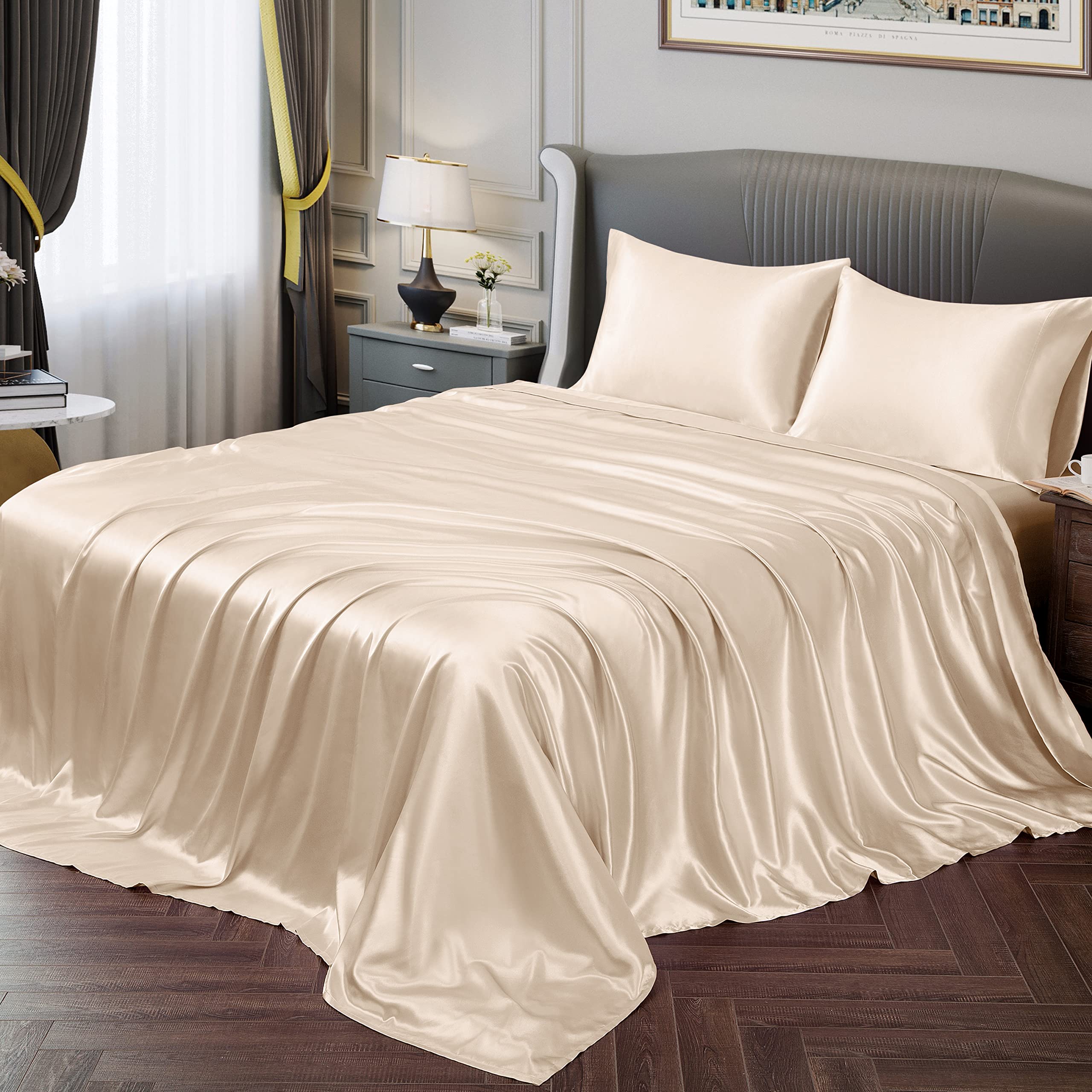 Vonty Satin Sheets Split King Silky Soft Satin Bed Sheets Beige Satin Sheet Set, 2 Deep Pocket Fitted Sheet + 1 Flat Sheet + 2 P
