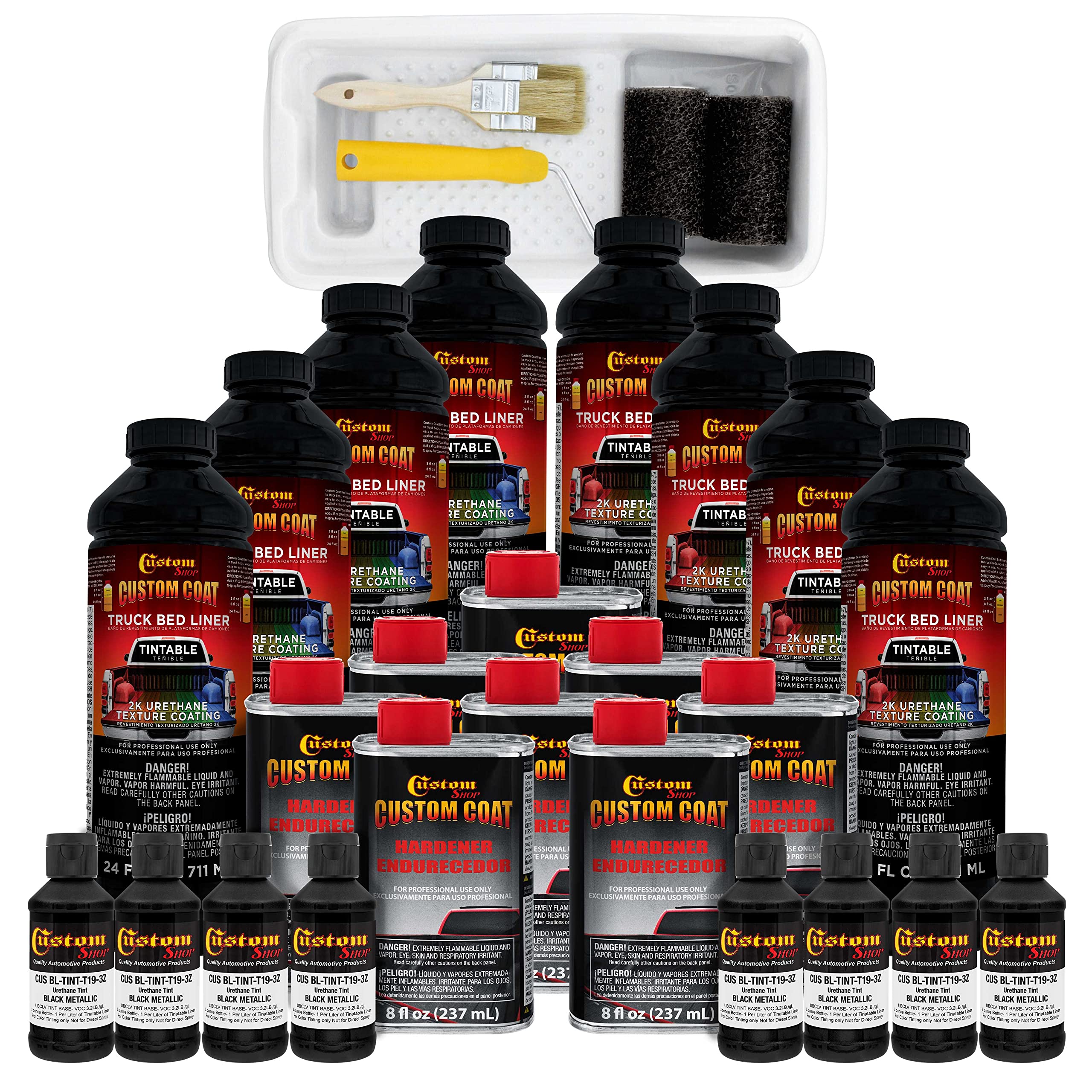 Custom Coat Black Metallic 2 Gallon Urethane Roll-On, Brush-On Or Spray-On Truck Bed Liner Kit With Roller And Brush Applicator