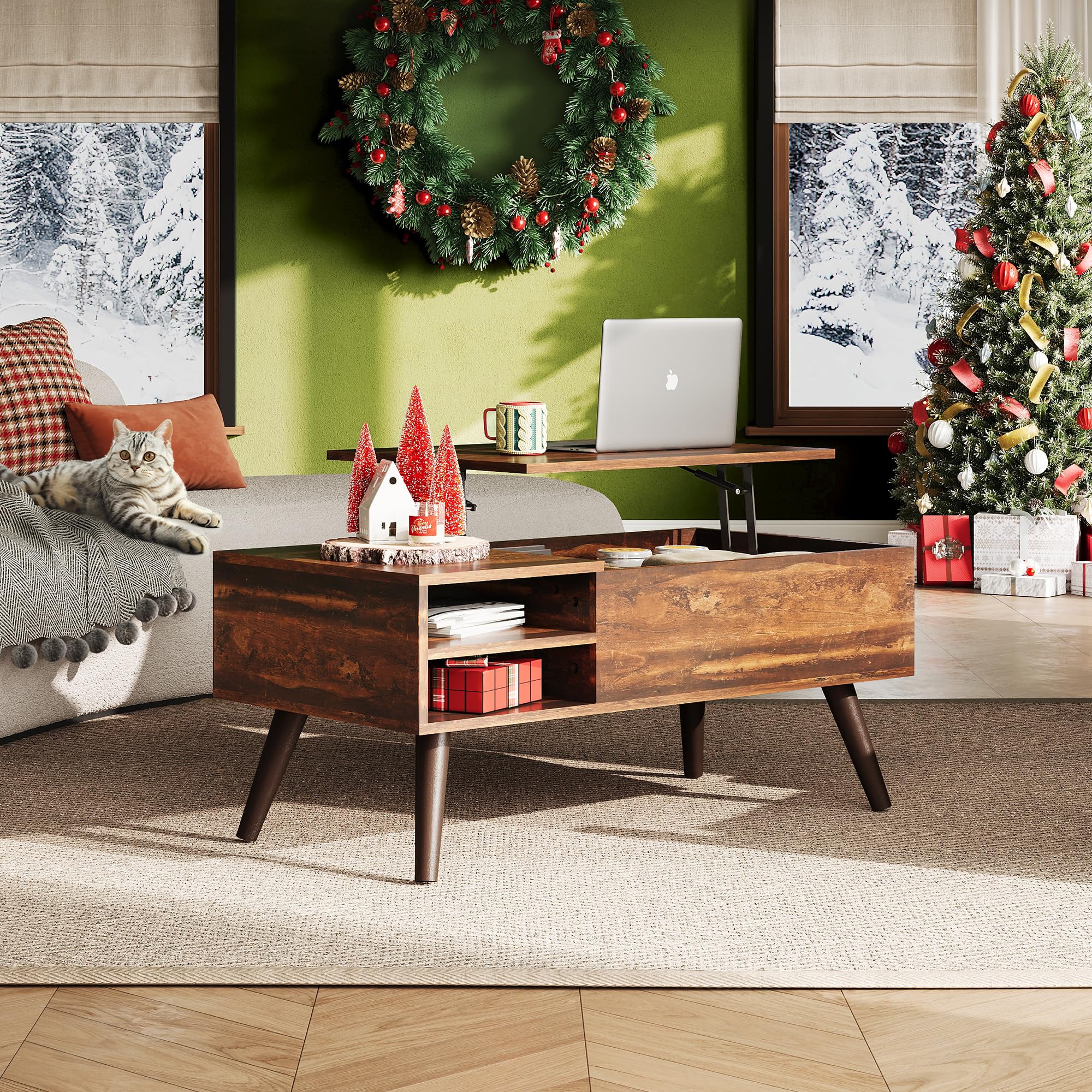 WLIVE Coffee Table with Lifting Top, Hidden Storage, Adjustable Shelf, Rustic Oak, 39.4" W
