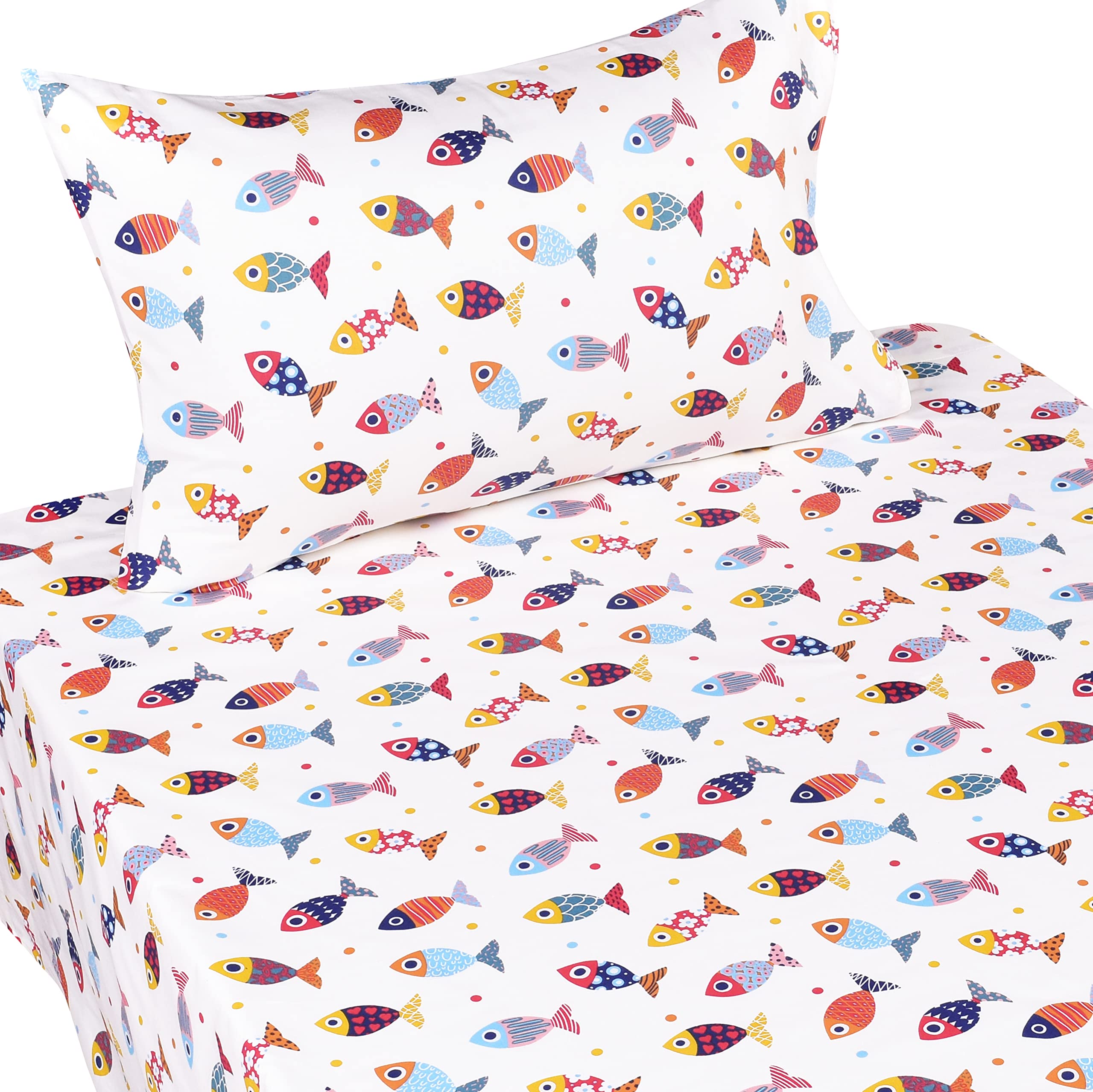 Scientific Sleep 100% Cotton Twin Bed Sheet Set - Colorful Fish Design, 3 Pcs Bedding for Kids, Includes Flat & Fitted Sheets, Pillowcase