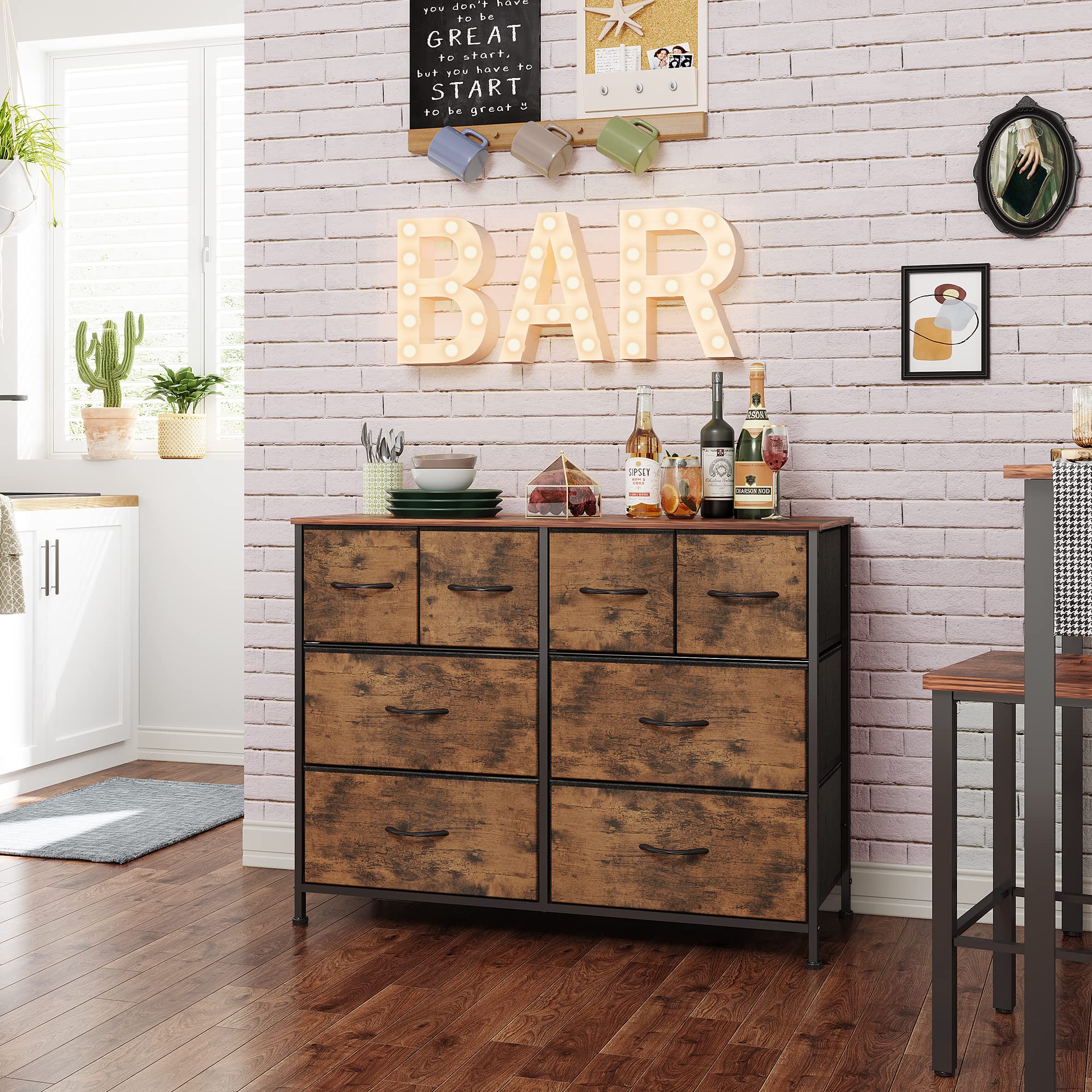 Wlive Dresser For Bedroom With 8 Drawers, Wide Fabric Dresser For Storage And Organization, Bedroom Dresser, Chest Of Drawers For Living Room, Closet, Entryway, Rustic Brown Wood Grain Print