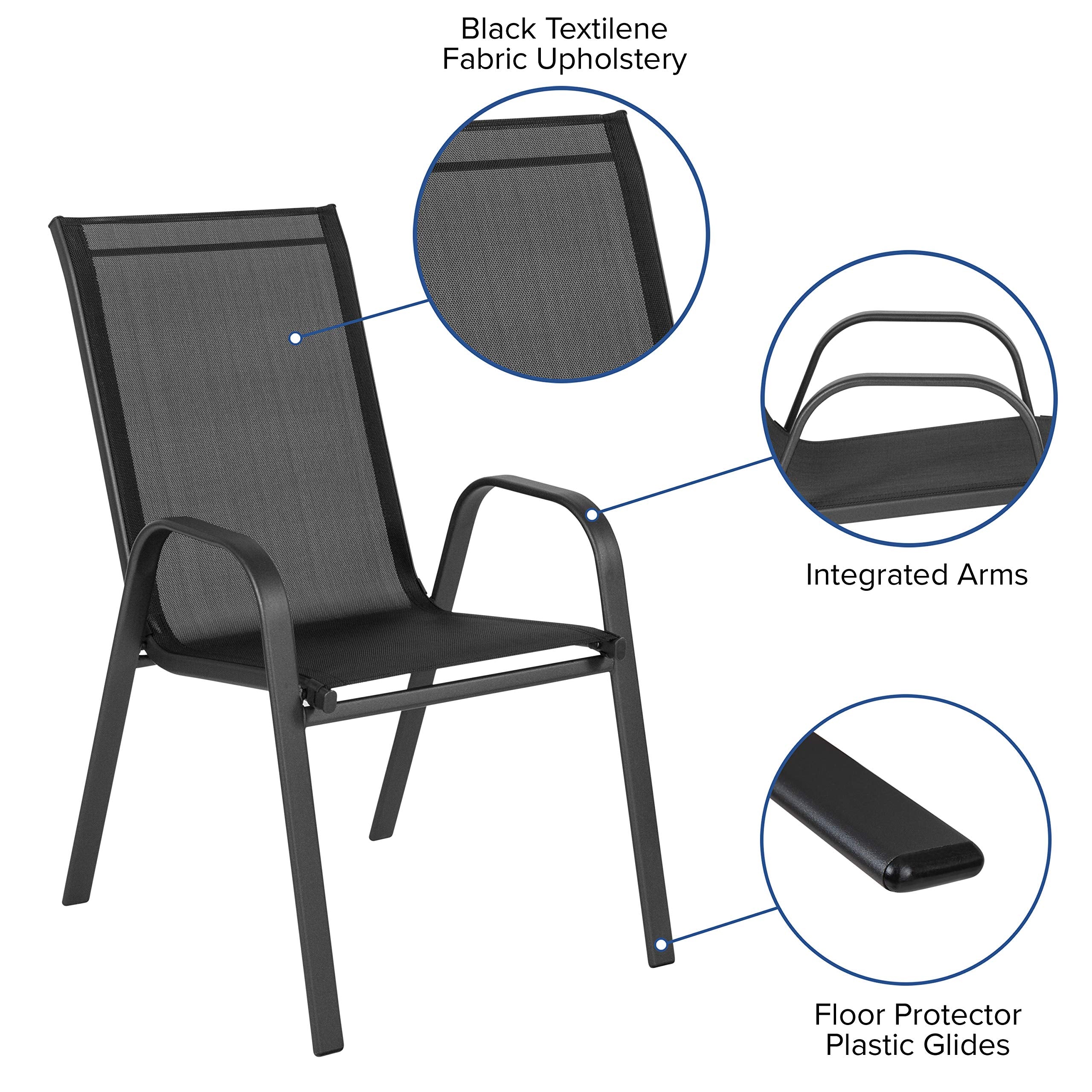 Flash Furniture Brazos Series 5-Piece Glass Patio Table And Chairs Set, Outdoor Patio Dining Set With Square Table And 4 Sling Patio Chairs, Black