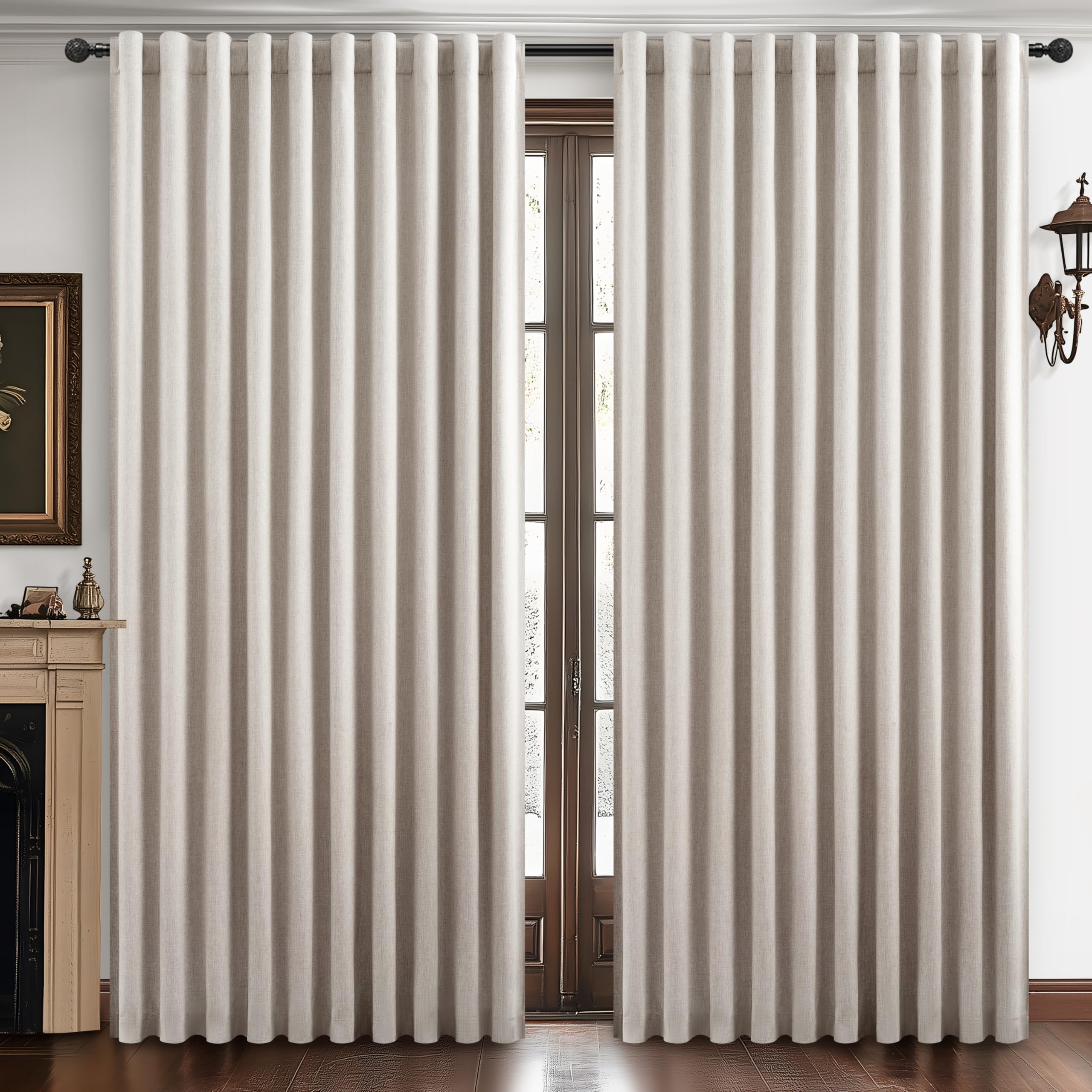 Curtains 70 Inch Length Wide Pleated Blackout Curtain for Sliding Glass Door, Farmhouse Natural Linen Thick Thermal for Summer H
