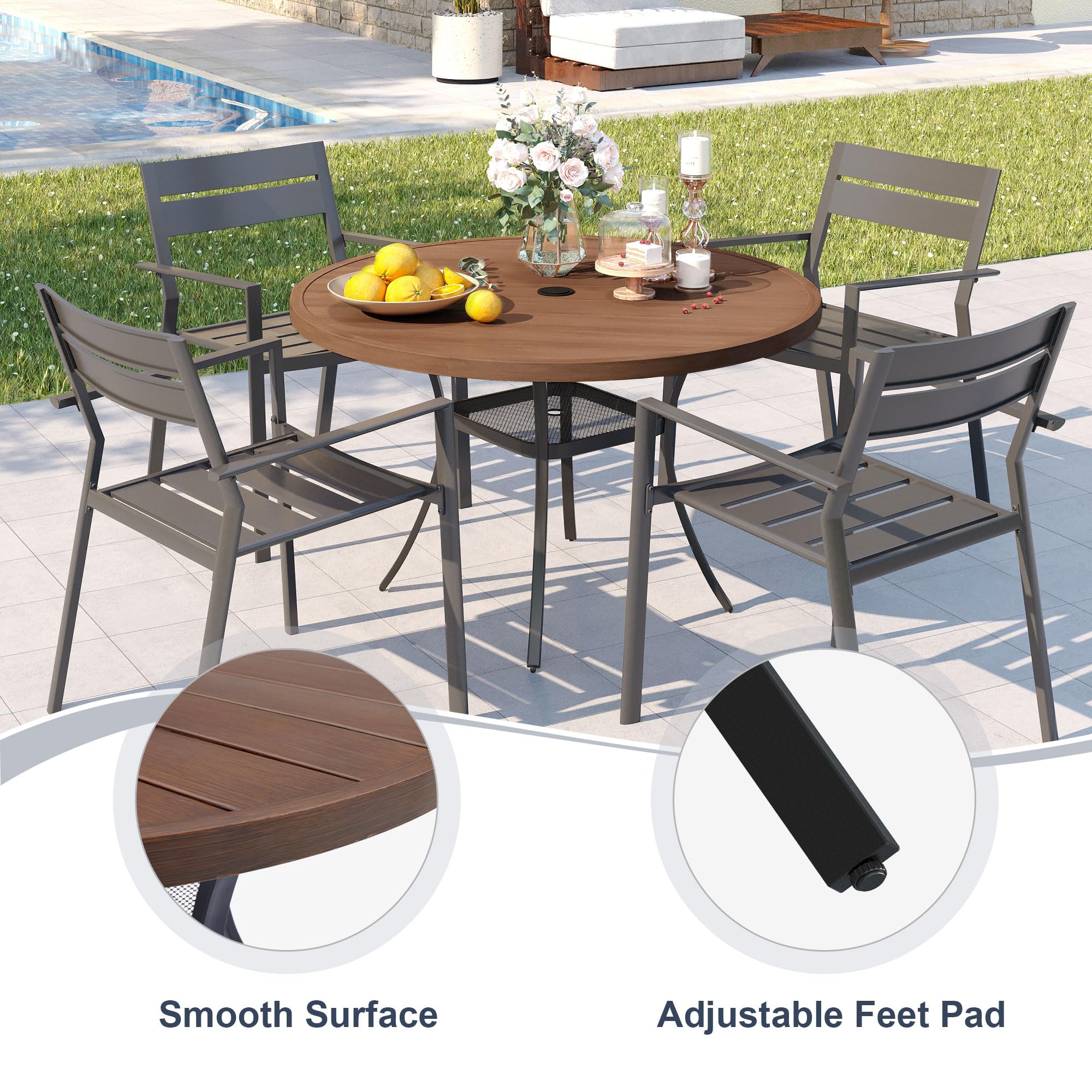 Vicllax Round Patio Dining Table, 4 Person Metal Outdoor Dining Table With Umbrella Hole & Storage Shelf For Garden Lawn Deck, 42' Walnut