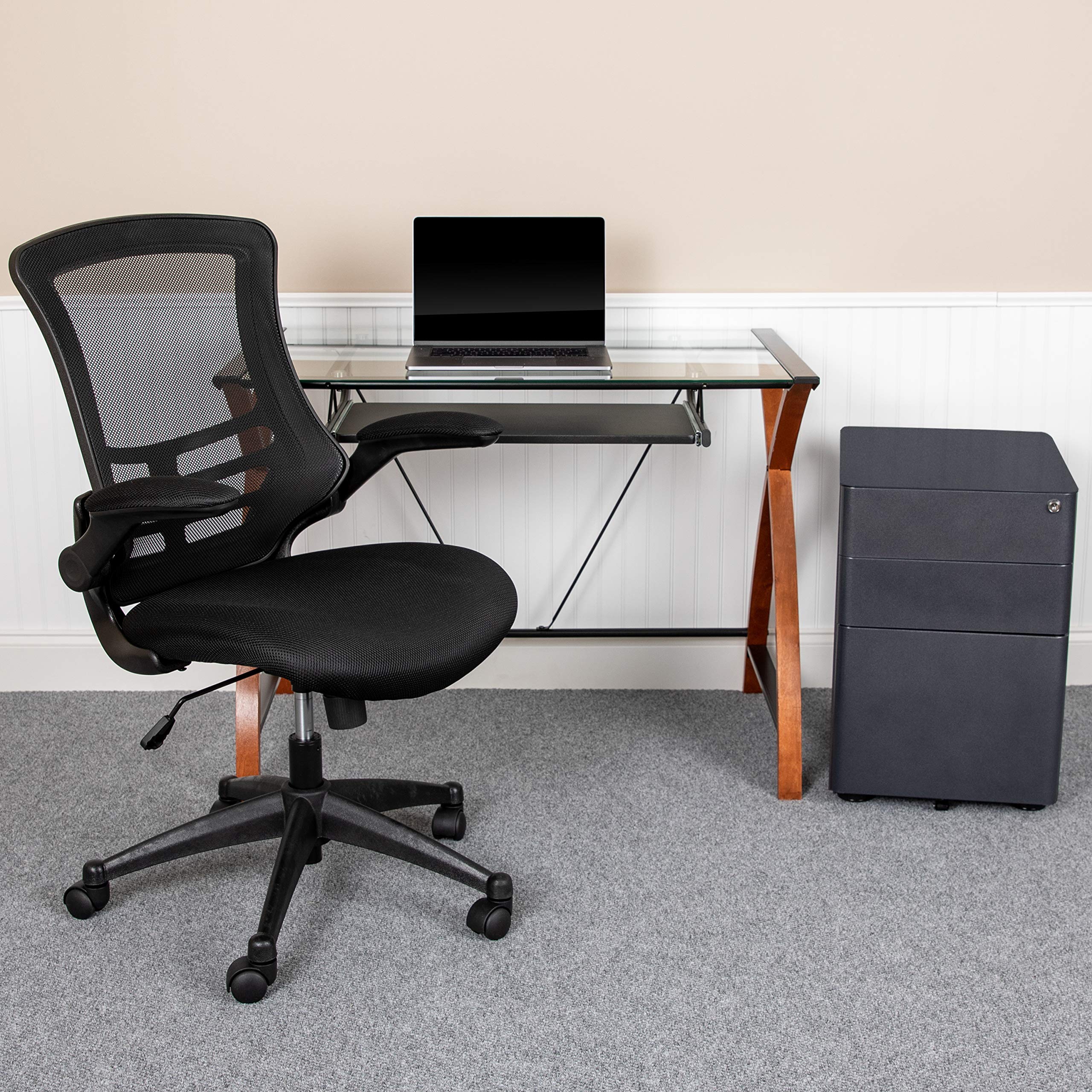 Flash Furniture Work From Home Kit - Glass Desk With Keyboard Tray, Ergonomic Mesh Office Chair And Filing Cabinet With Lock & Side Handles