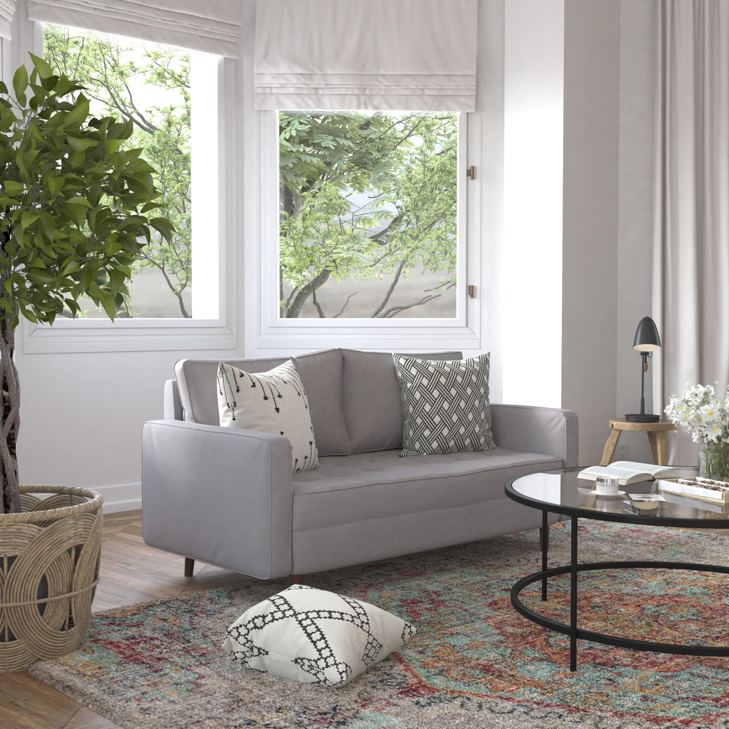 Flash Furniture Hudson Mid-Century Modern Loveseat - Slate Gray Faux Linen Upholstery - Buttonless Tufting - Wood Legs