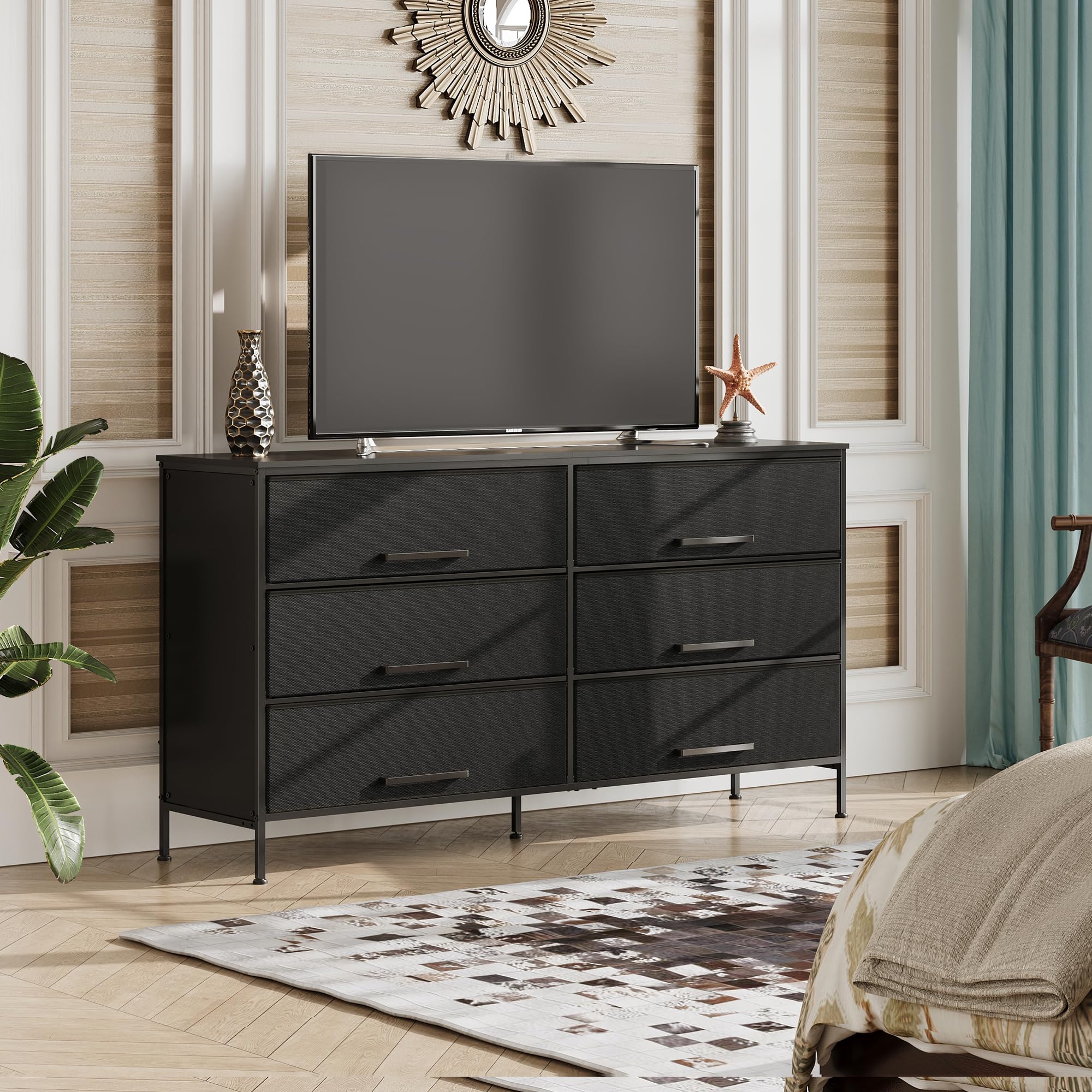 Wlive Wide Fabric Dresser, 6 Drawer Dresser Tv Stand For 68' Tv, Dressers Bedroom Furniture Large Storage Tower Unit With Fabric Bins, White Dresser For Bedroom, Closet, Hallway, Black