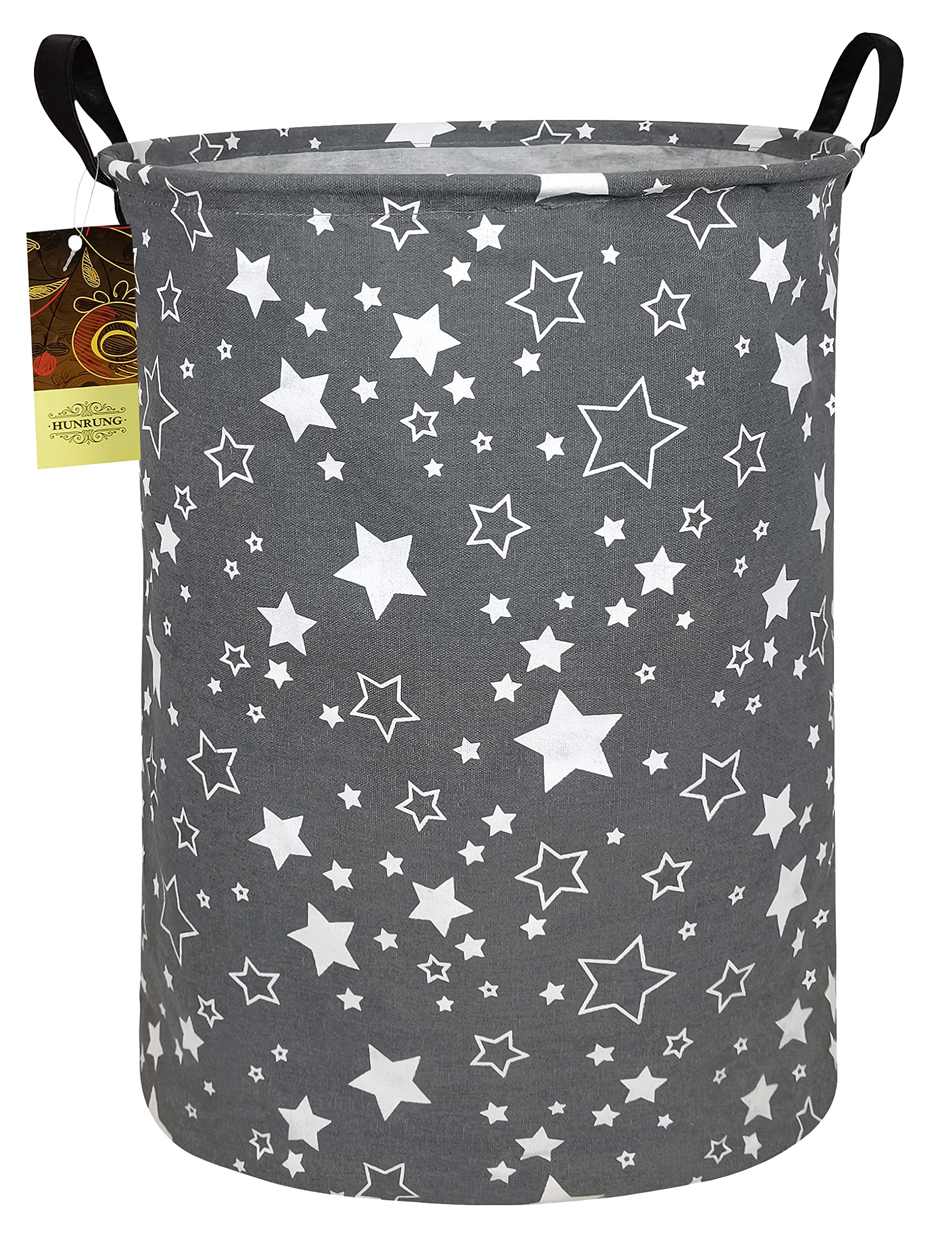 Hunrung Laundry Hamper,Large Canvas Fabric Lightweight Storage Basket Toy Organizer Dirty Clothes Collapsible Waterproof For College Dorms, Children Bedroom,Bathroom(Round Star)