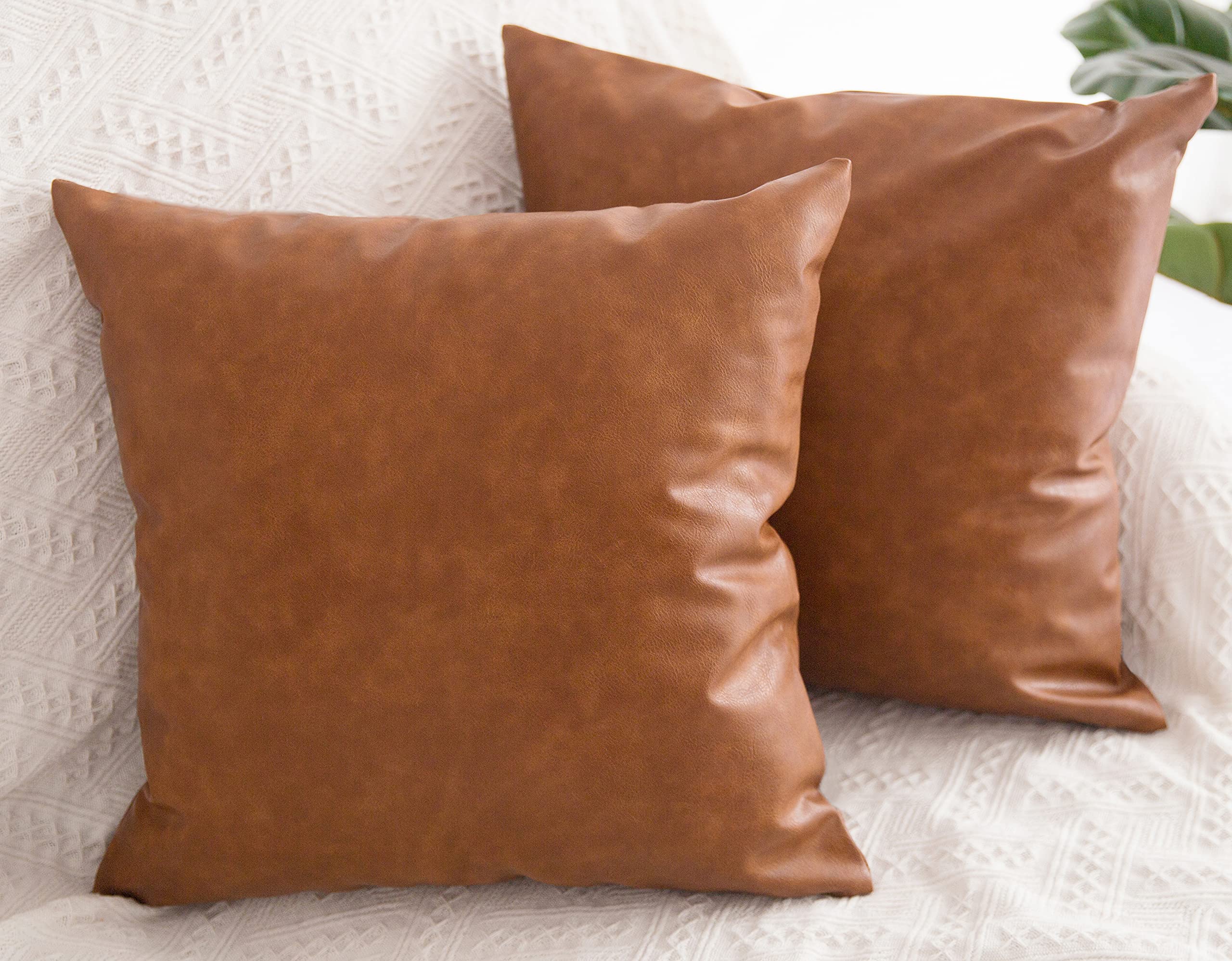 HOMFINER Faux Leather Throw Pillow Covers, Set of 2, 22x22 inch, Thick Cognac Brown, Modern Decorative Cushion Cases for Couch and Sofa