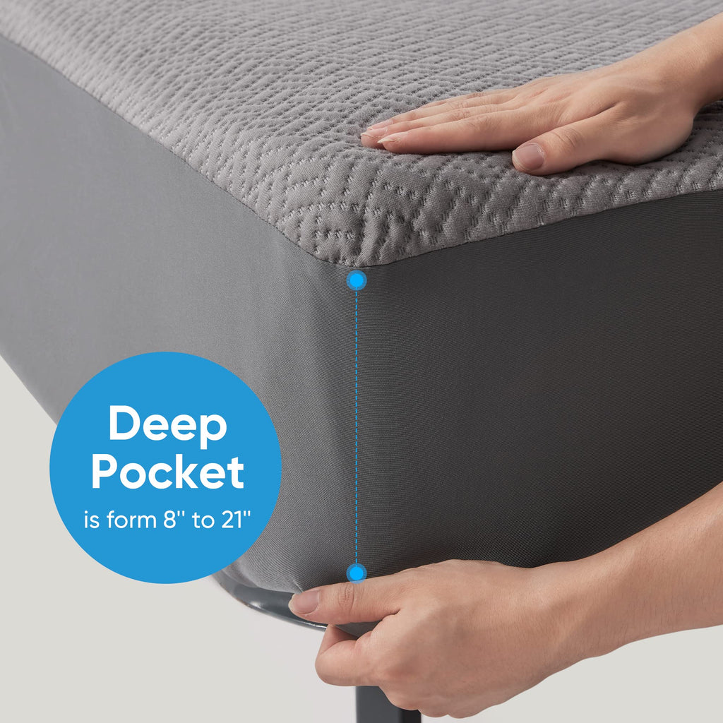 Hanherry 100% Waterproof Full Size Mattress Protector, Grey, Rayon Made From Bamboo, 3D Air Fabric, Cooling, 16 Inch Deep Pocket
