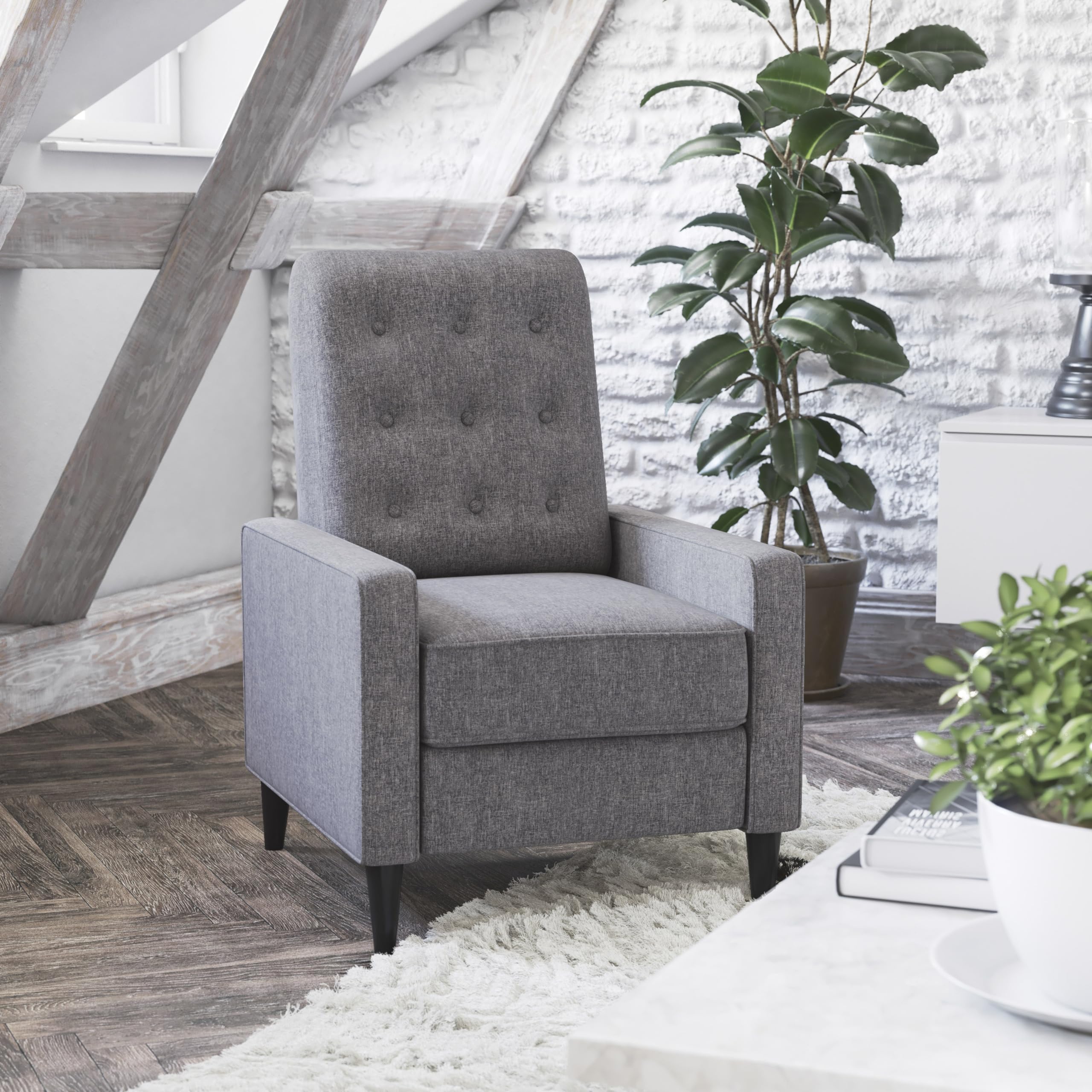 Flash Furniture Ezra Ezra Pushback Recliner - Mid-Century Modern Gray Fabric Upholstery - Button Tufted Back - Residential & Commercial Use