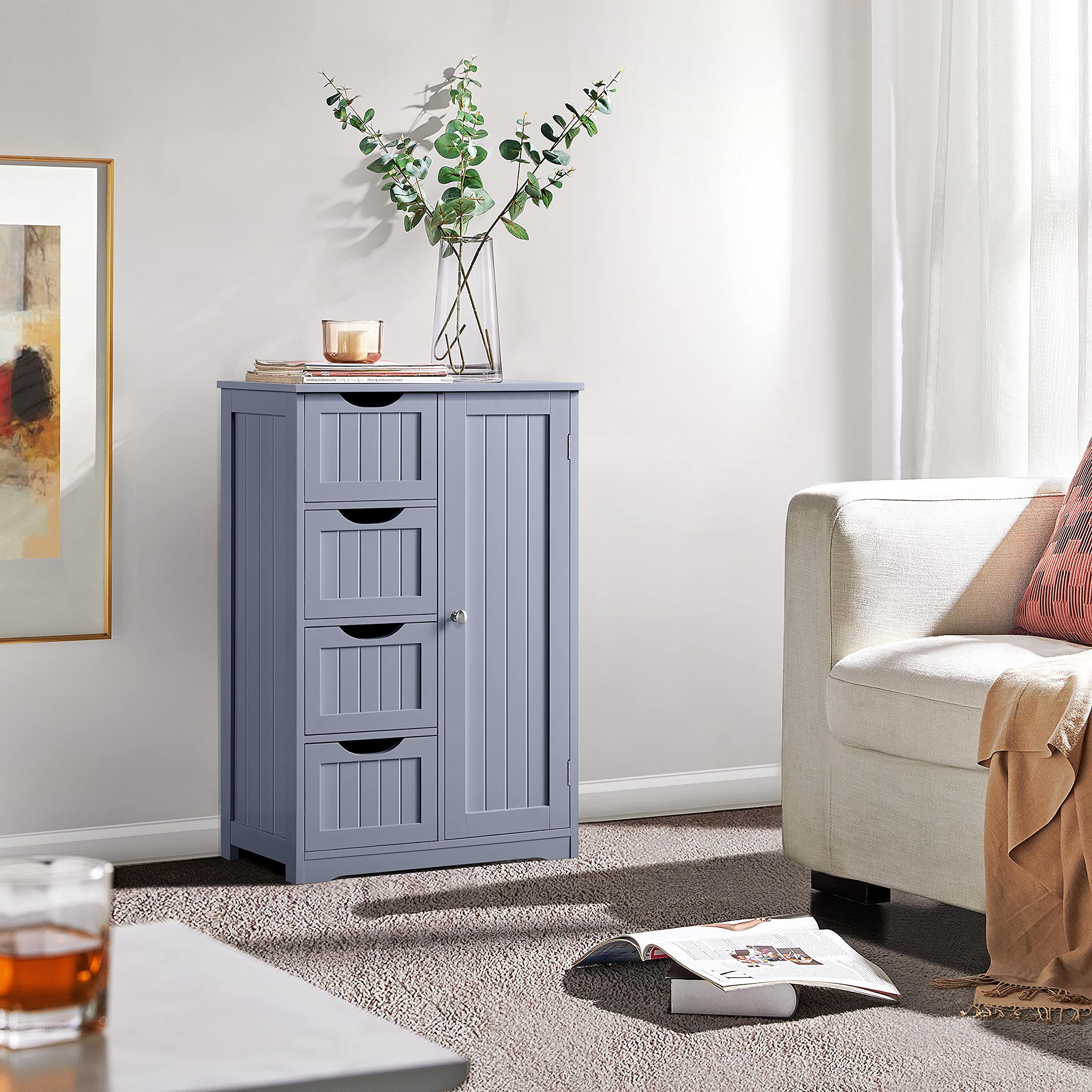 Yaheetech Bathroom Floor Cabinet, Freestanding Storage Organizer Unit Kitchen Cupboard W/ 4 Drawers & Adjustable Shelves, Using For Living Room/Kitchen/Bathroom, Gray