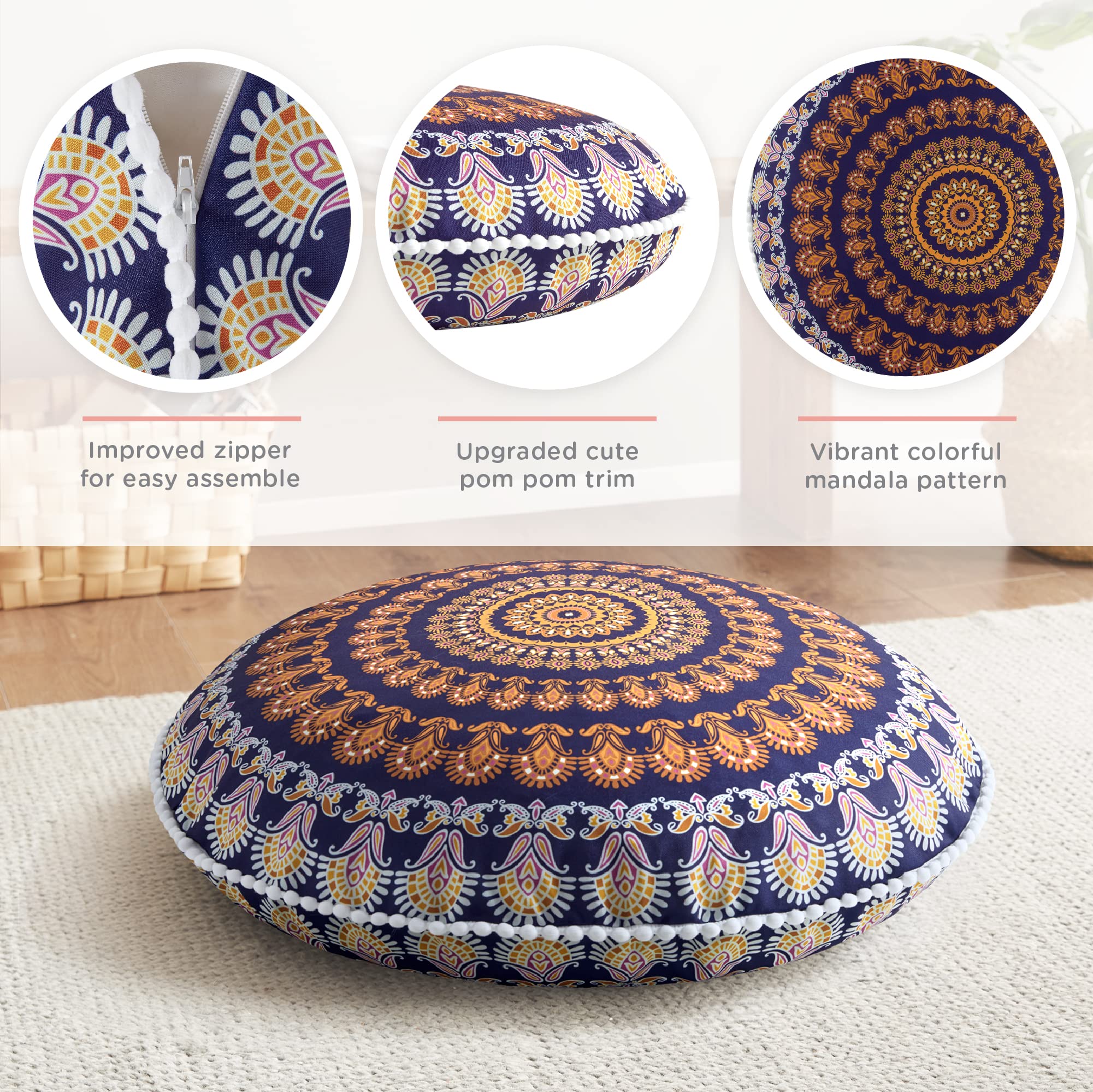 Codi Meditation Floor Pillows Set Of 2, Round Large Pillow Seating For Adults, Bohemian Mandala Circle Floor Cushion For Outdoor Fireplace Yoga Living Room, 32 Inch, Yellow Memory Foam Added