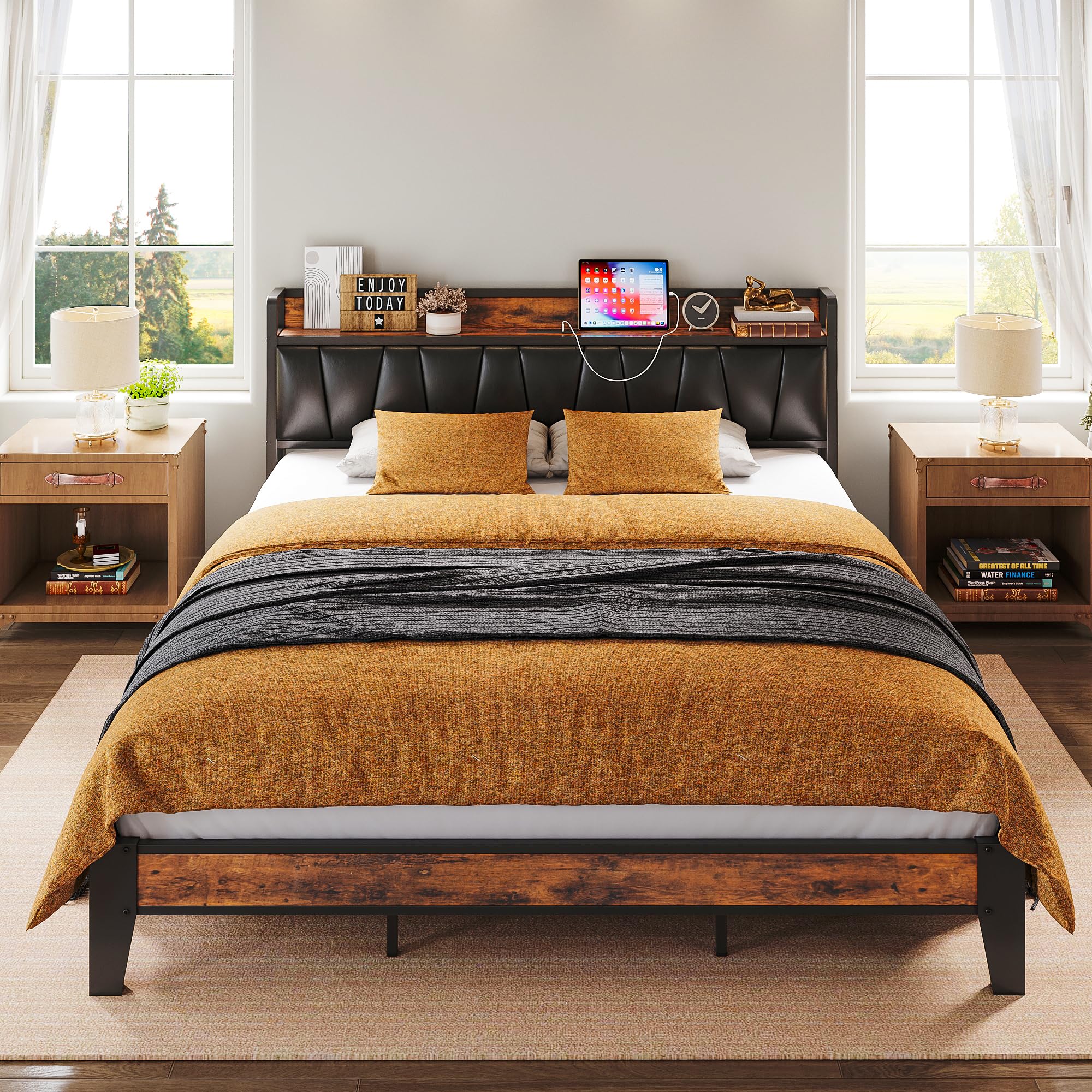 Likimio California King Bed Frame, Storage Headboard With Charging Station, Solid And Stable, Noise Free, No Box Spring Needed, Easy Assembly (Vintage And Black)