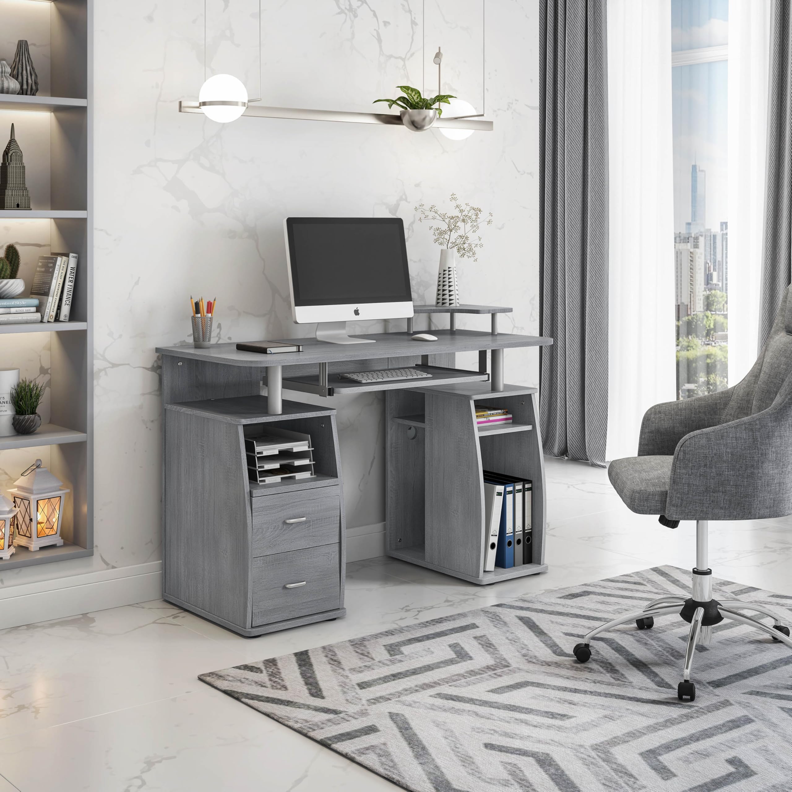 Techni Mobili 47" Computer Desk with Drawers and Storage, Office Desk with Printer Shelf, Pull Out Shelf and Keyboard Tray, Computer Workstation, Grey