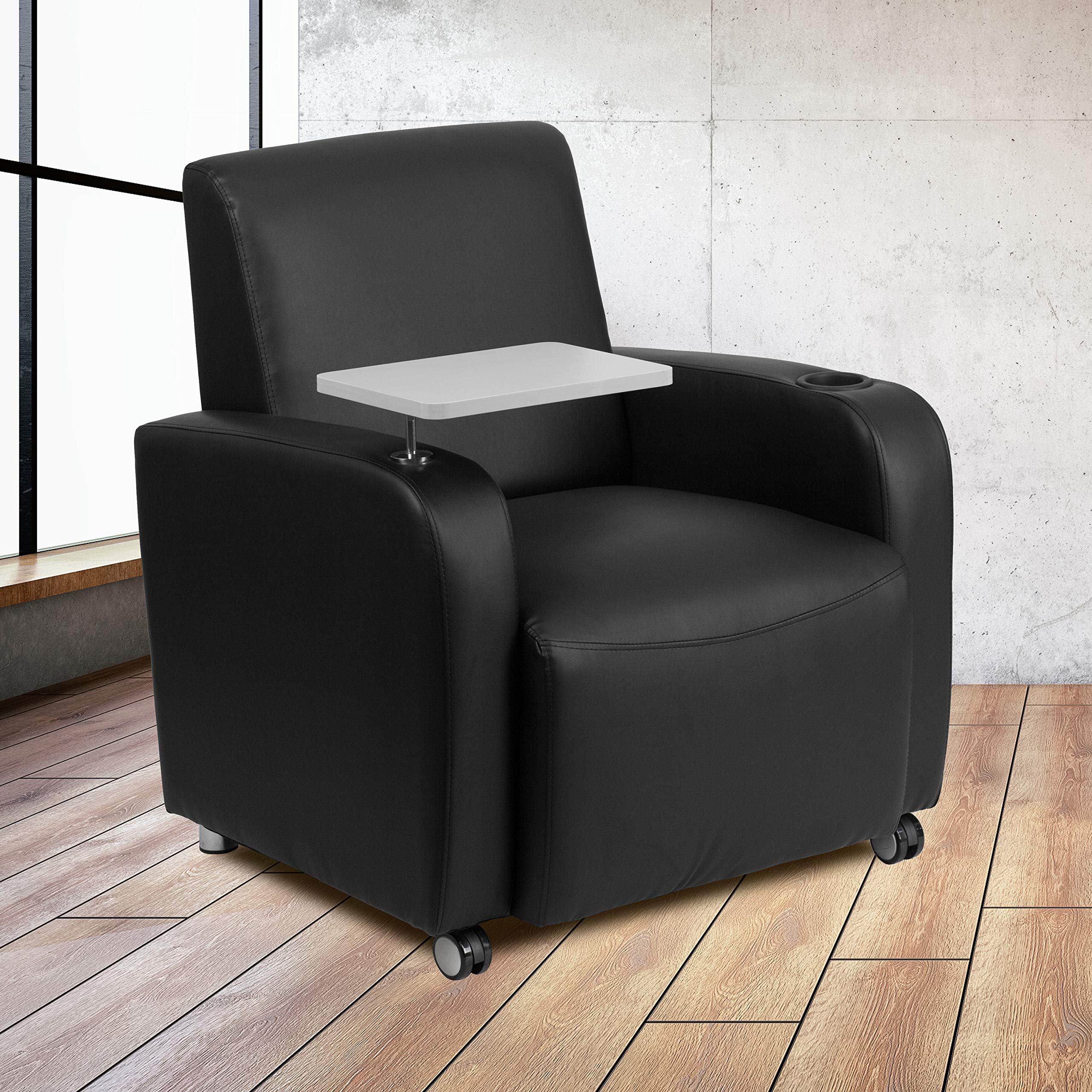 Flash Furniture George LeatherSoft Guest Chair with Tablet Arm, Cup Holder, and Front Wheel Casters, Upholstered Tablet Arm Chair for Offices, Black