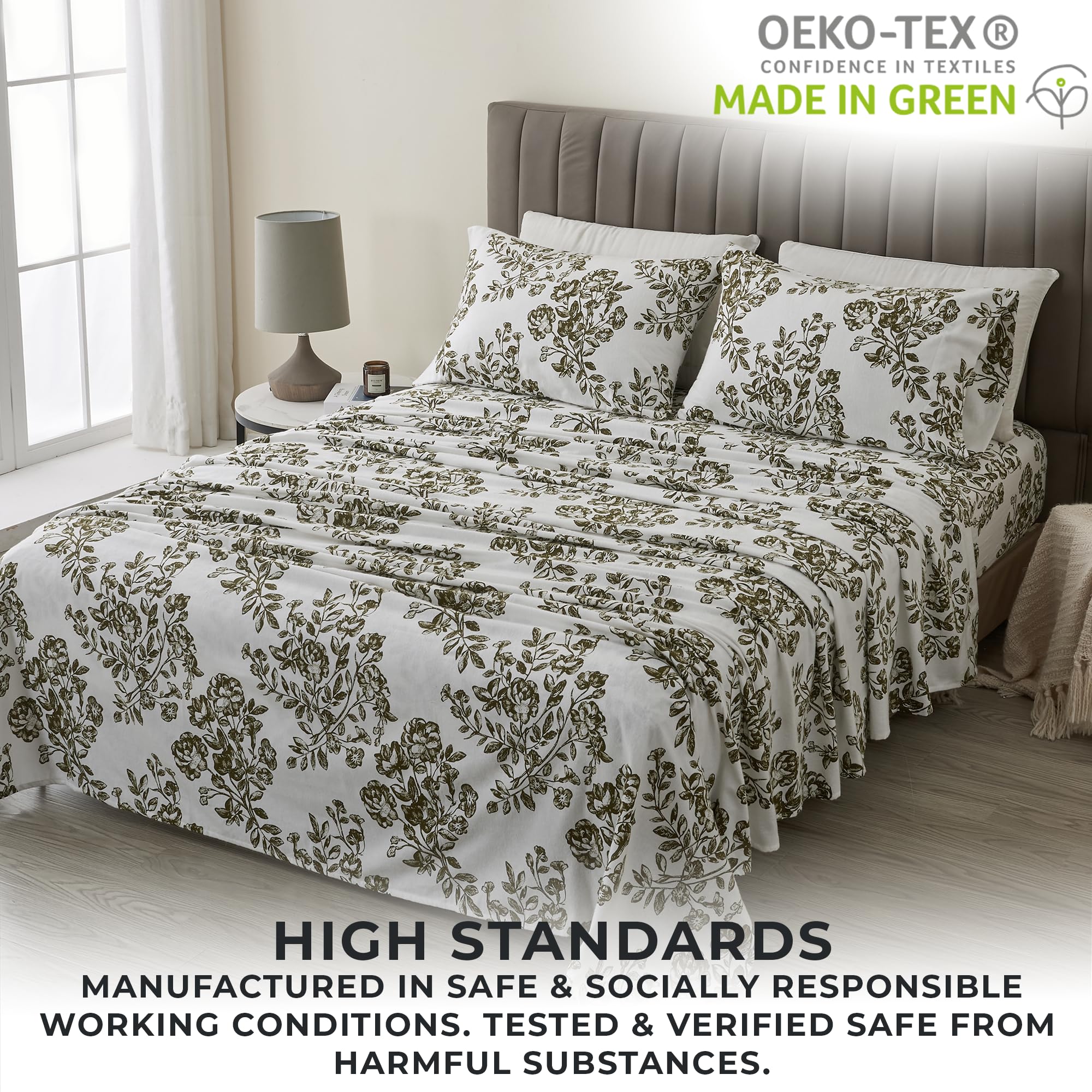 4 Piece 100% Turkish Cotton Full Green Printed Flannel Sheets Set | Deep Pocket, Soft Sheets | Warm, Double Brushed Bed Sheets |