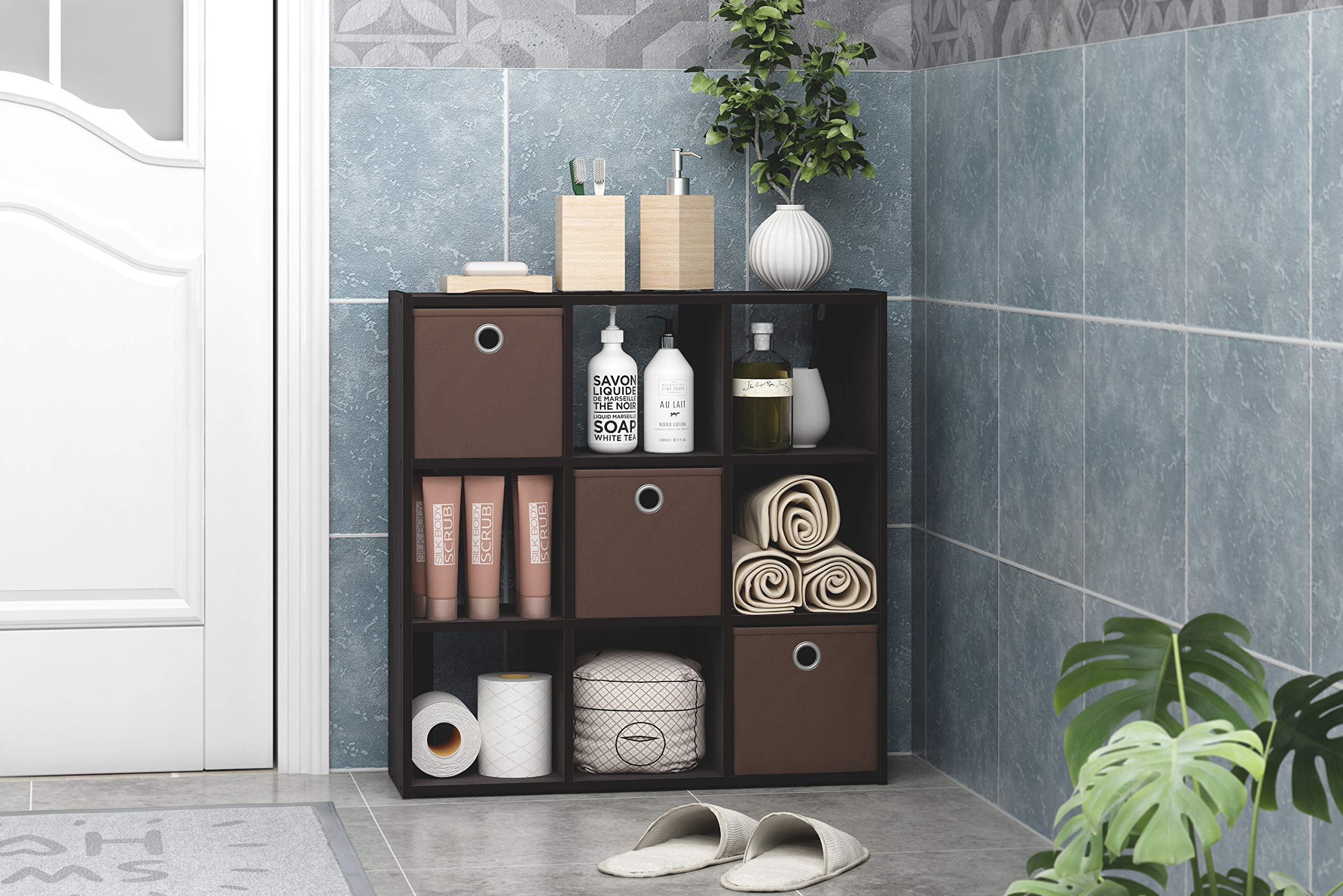 Furinno Simplistic 9-Cube Organizer with Bins, Small Size (Assembled Unit Dimensions : 7.9"D x 26.5"W x 26.7"H Inches), Dark Walnut