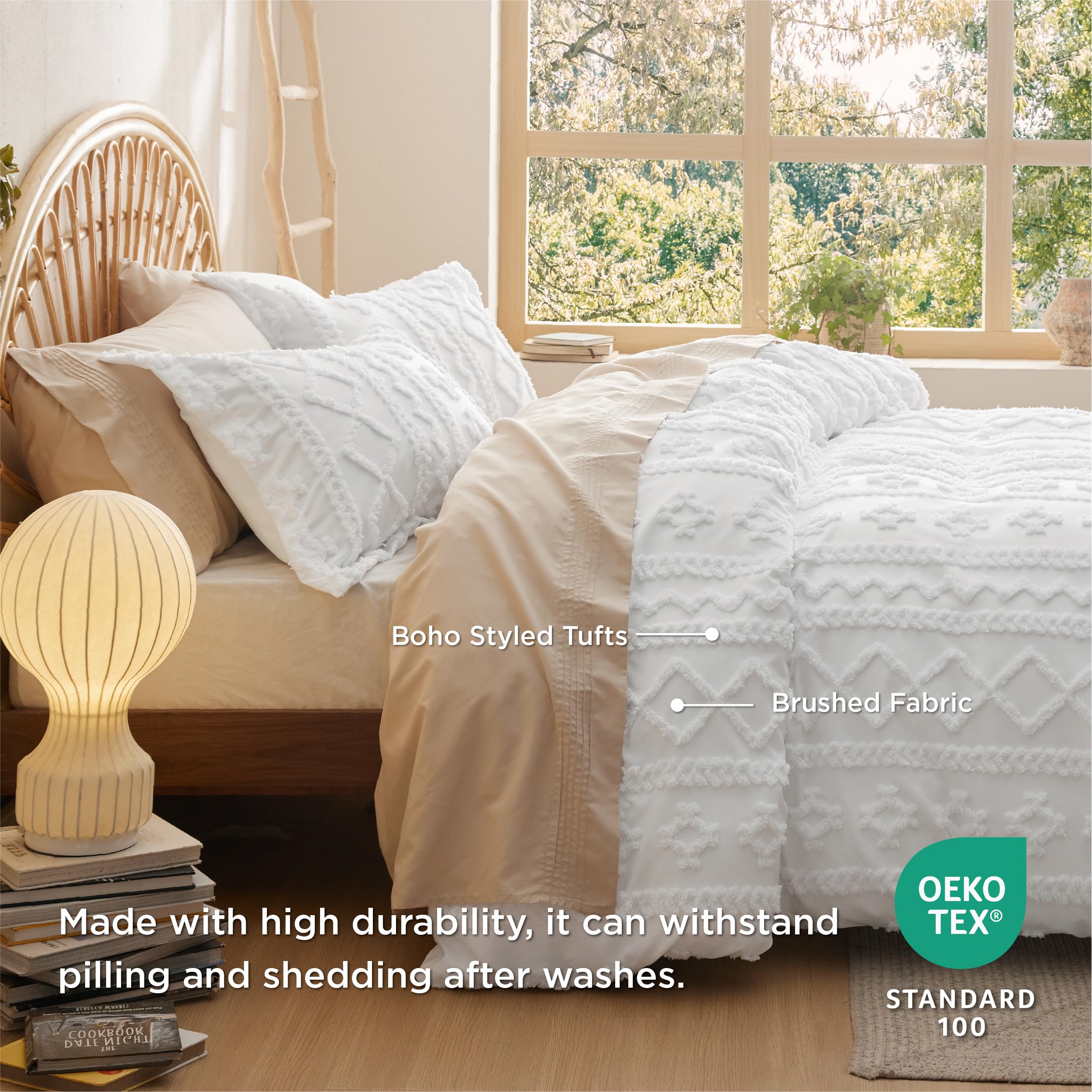 Bedsure Boho Duvet Cover King Size - Tufted King Duvet Cover Set For All Seasons, 3 Pieces Soft Shabby Chic Embroidery Boho Bedding, Comforter Not Included (White, 104' X 90')