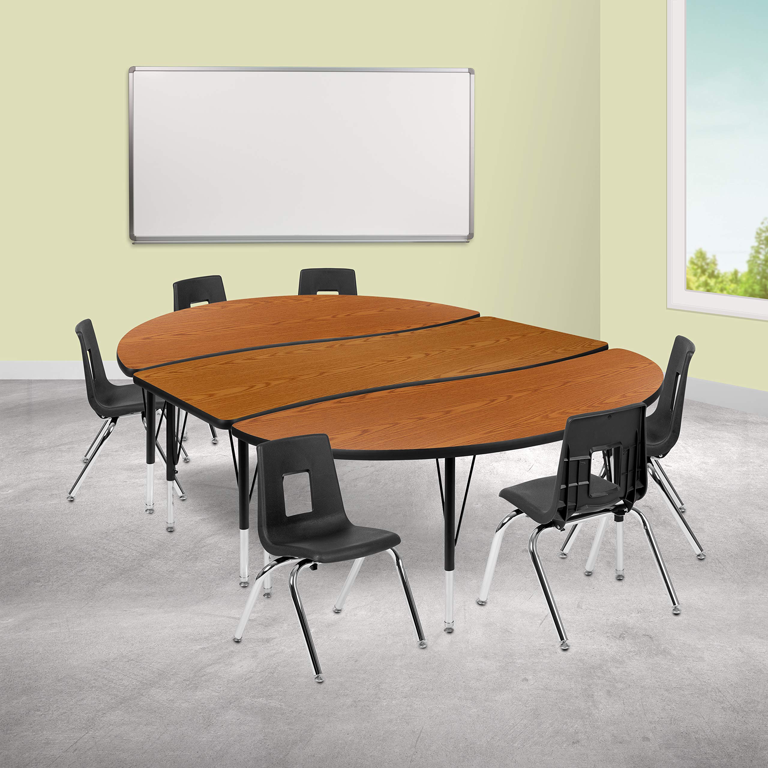 Flash Furniture Emmy 86" Oval Wave Flexible Laminate Activity Table Set with 14" Student Stack Chairs, Oak/Black