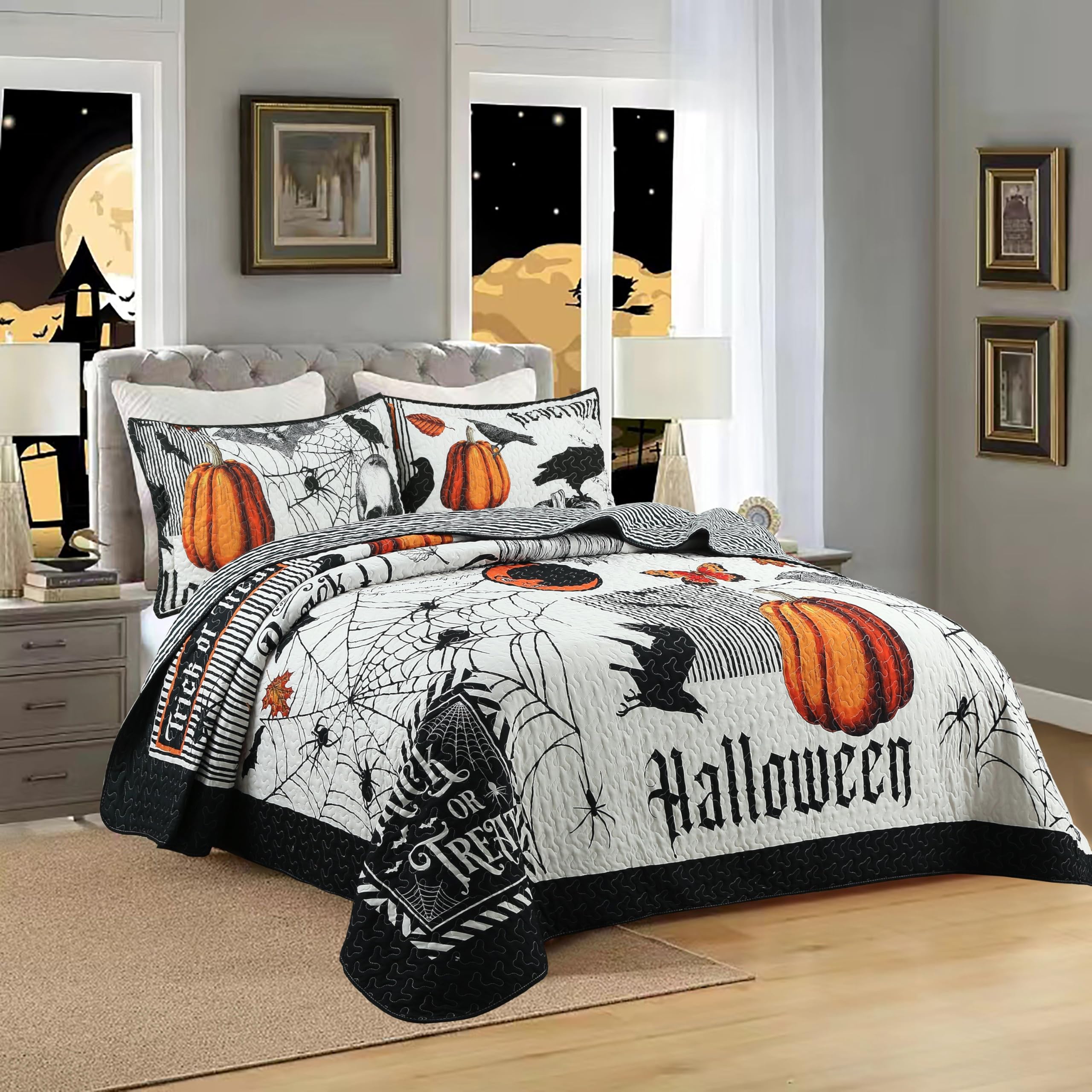 Marcielo 3 Pcs Halloween Themed Quilt Bedspread Set - Cozy And Spooky Pumpkin And Ghost Pattern Me500 (Halloween, Queen)